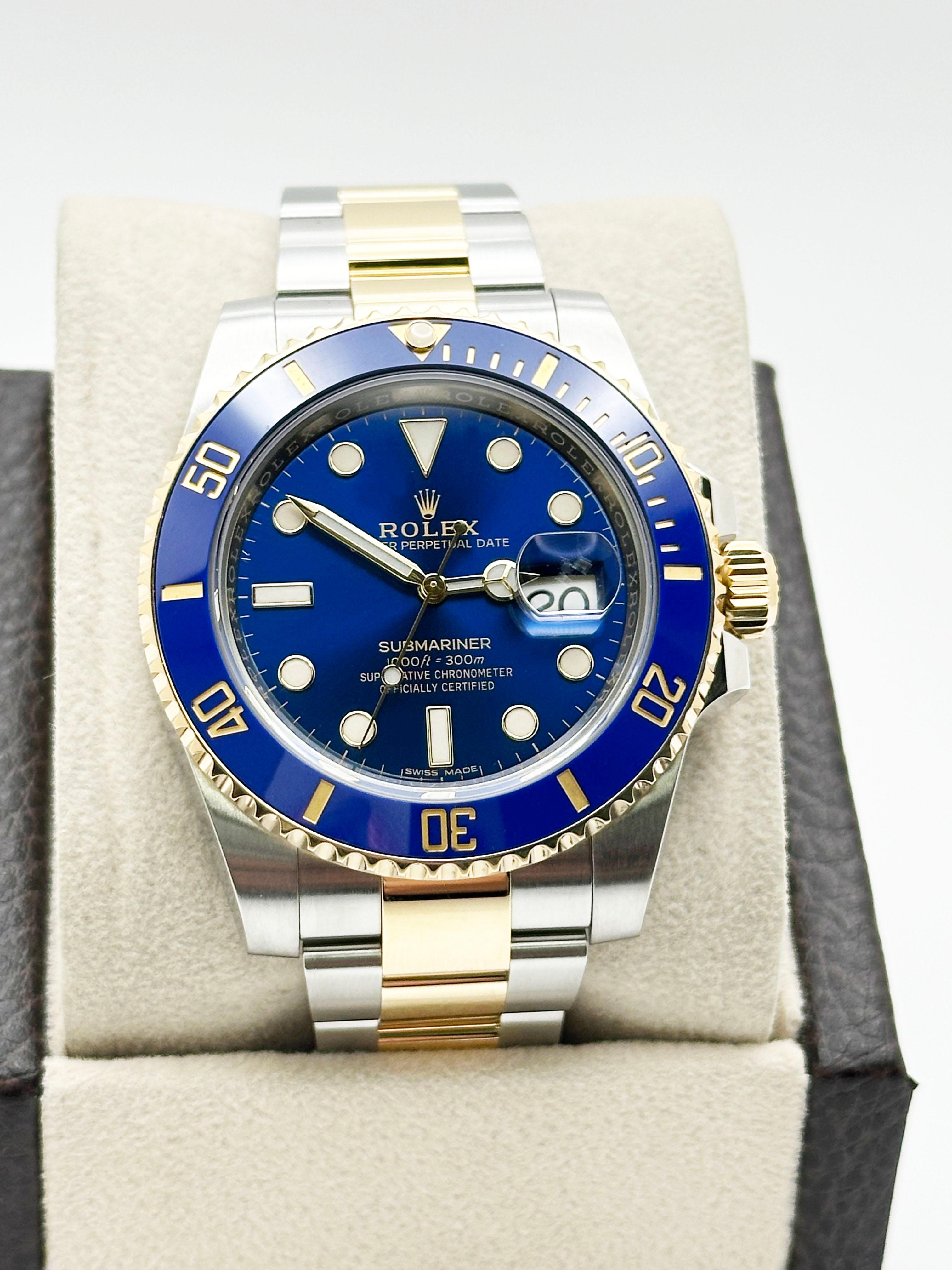 Women's or Men's Rolex Submariner 116613LB Blue Ceramic 18K Yellow Gold Stainless Steel Box Paper For Sale