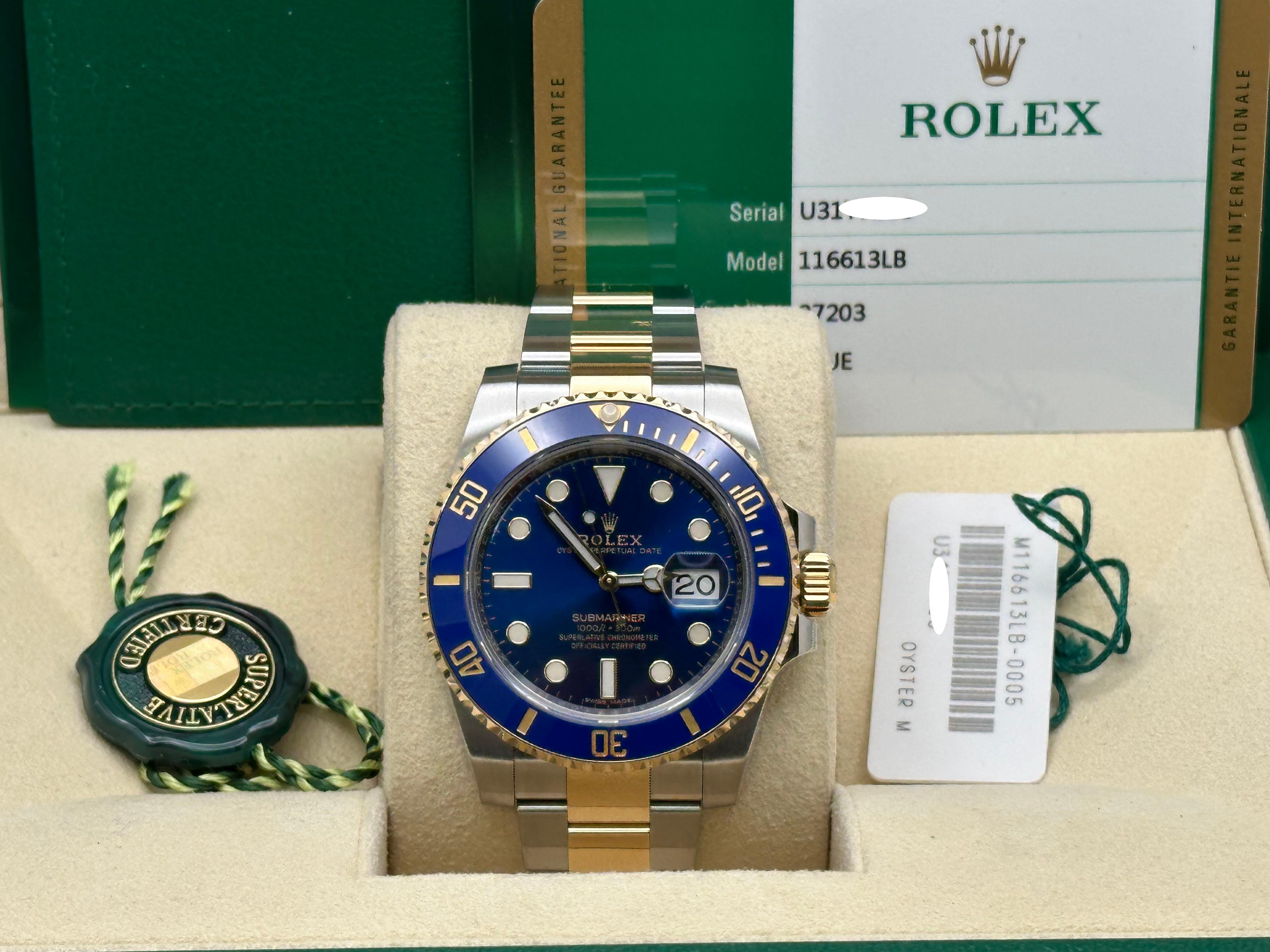 Rolex Submariner 116613LB Blue Ceramic 18K Yellow Gold Stainless Steel Box Paper For Sale 3