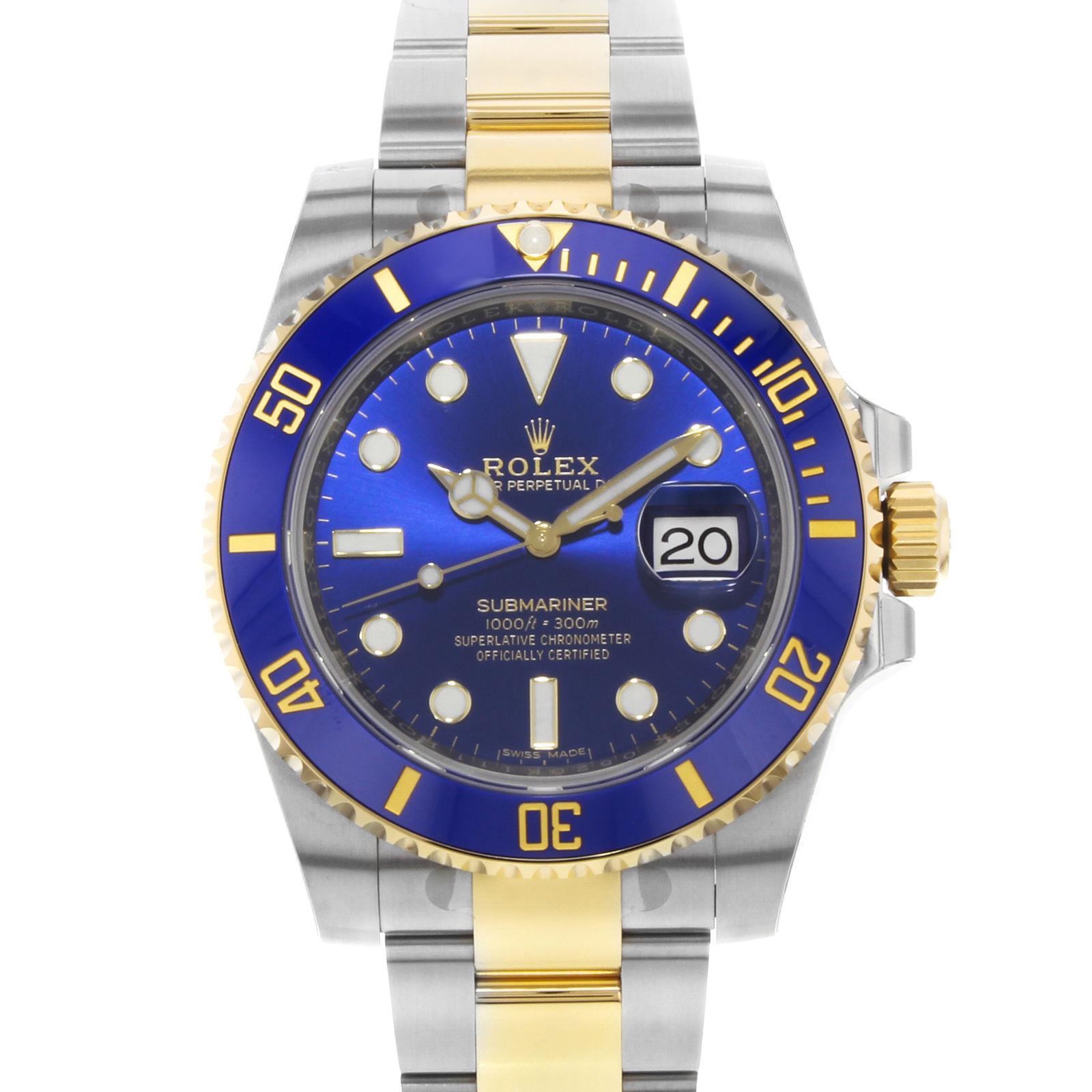 (20231
This brand new Rolex Submariner 116613LB is a beautiful men's timepiece that is powered by an automatic movement which is cased in a stainless steel case. It has a round shape face, date dial and has hand sticks & dots style markers. It is