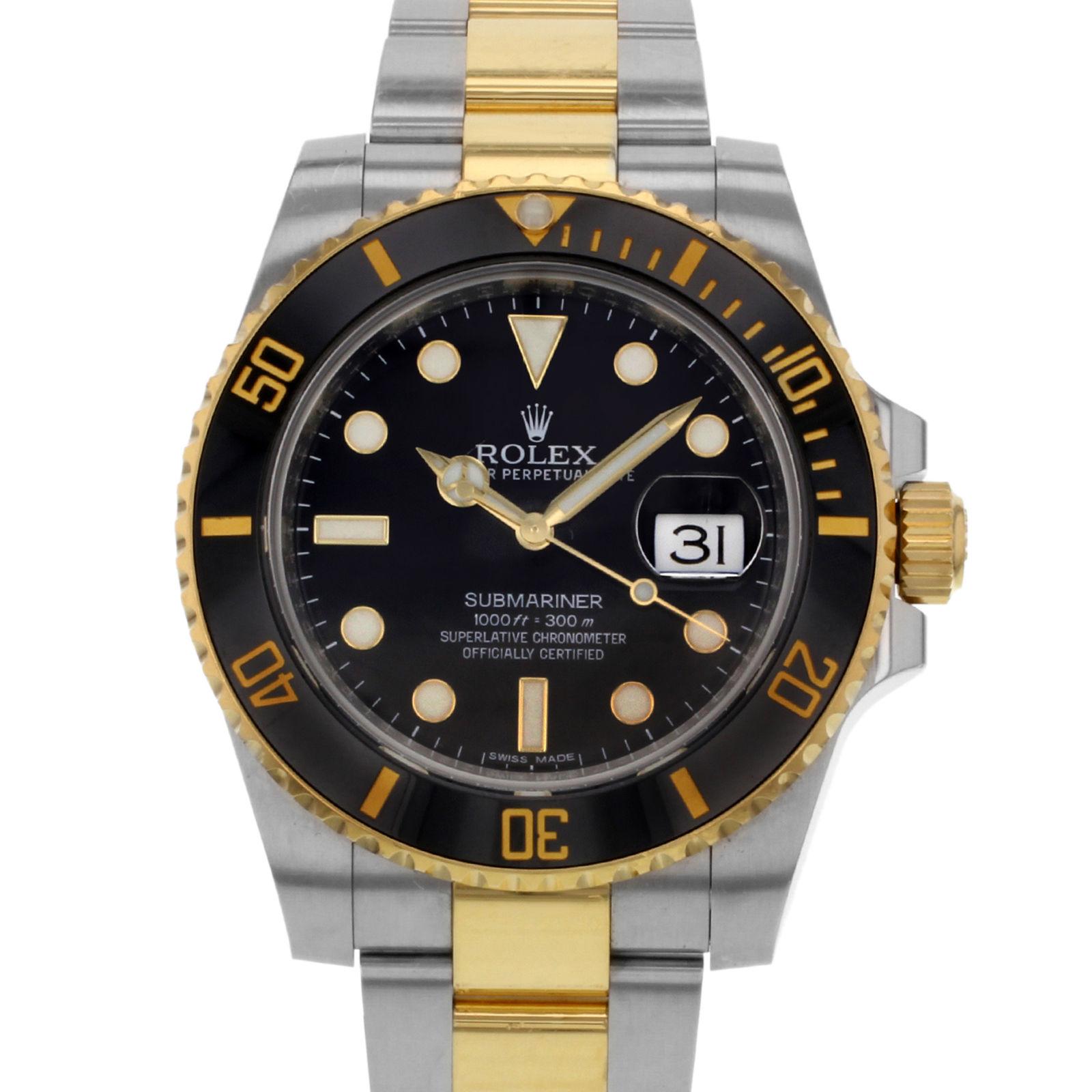 (12994)
This pre-owned Rolex Submariner 116613LN is a beautiful men's timepiece that is powered by an automatic movement which is cased in a stainless steel case. It has a round shape face, date dial, and has hand sticks & dots style markers. It is