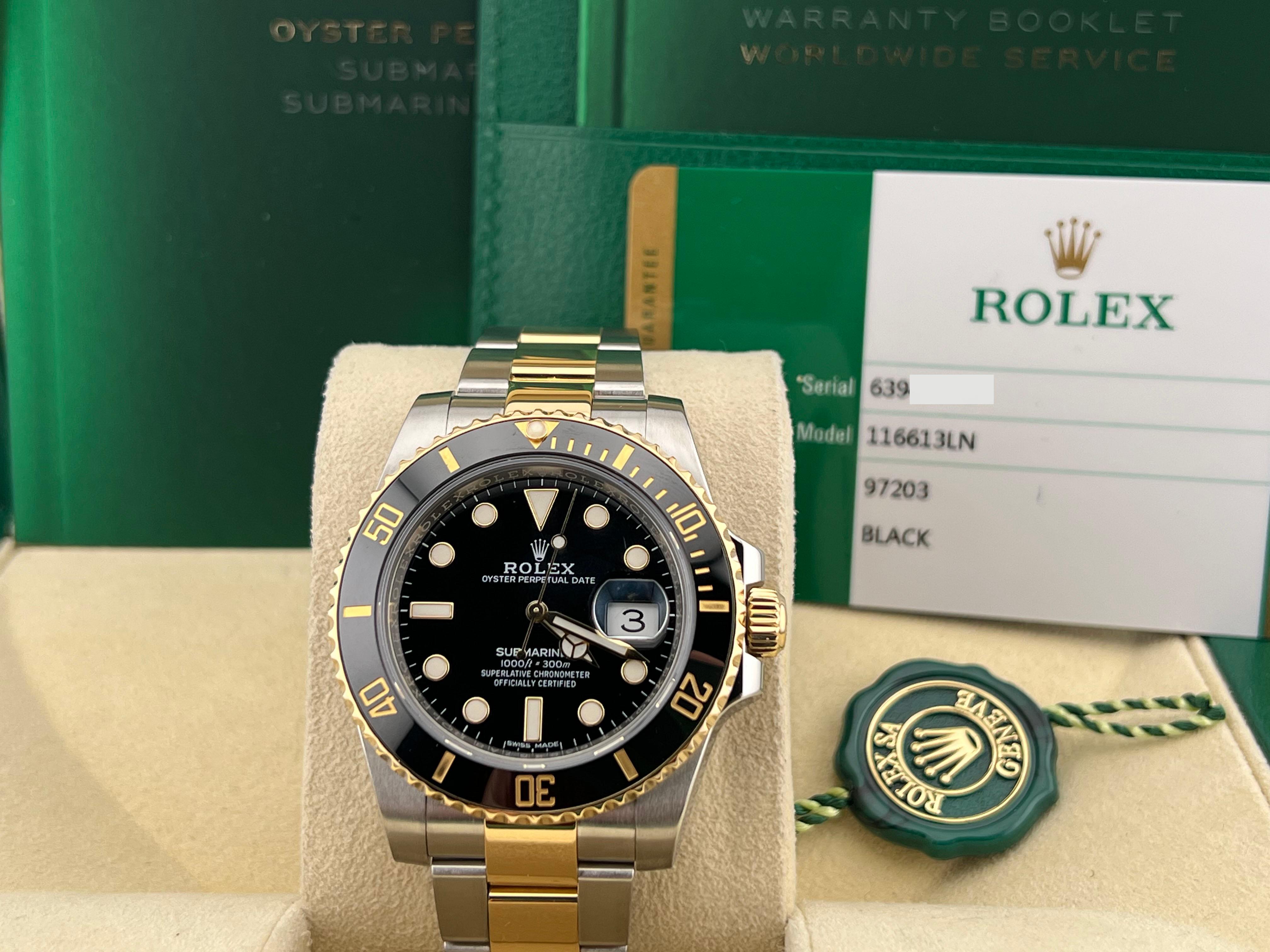 Style Number: 116613LN

Serial: 63945***

Year: 2019

Model: Rolex Submariner

Case Material: Stainless Steel 

Band: 18K Yellow Gold & Stainless Steel 

Bezel: Black Ceramic 

Dial: Black 

Face: Sapphire Crystal 

Case Size: 40mm