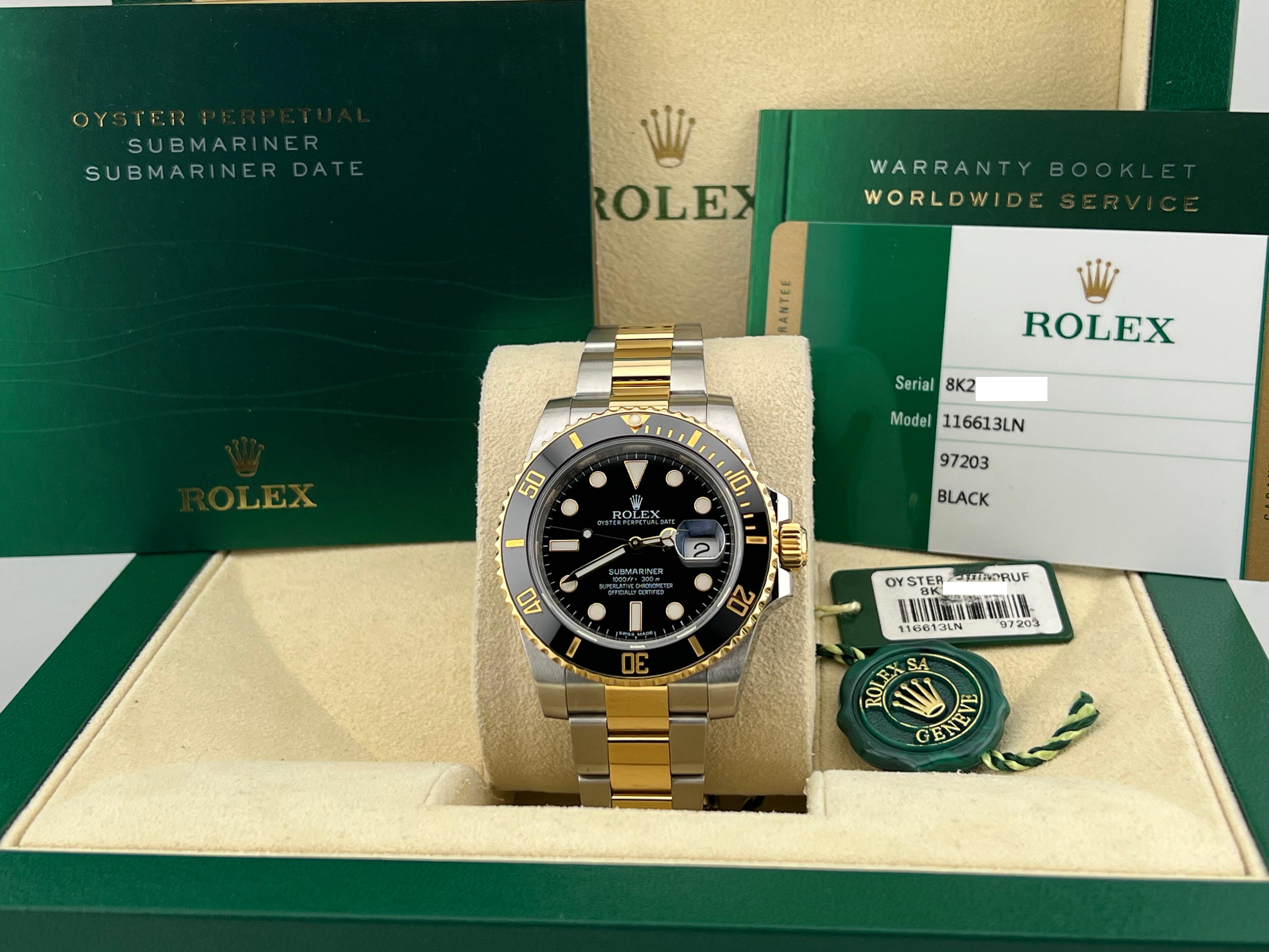 Style Number: 116613



Year: 2015

 

Model: Rolex Submariner 

 

Case Material: Stainless Steel 

 

Band: 18K Yellow Gold & Stainless Steel 

  

Bezel: Black Ceramic 

  

Dial: Black 

 

Face: Sapphire Crystal 

 

Case Size: 40mm 

