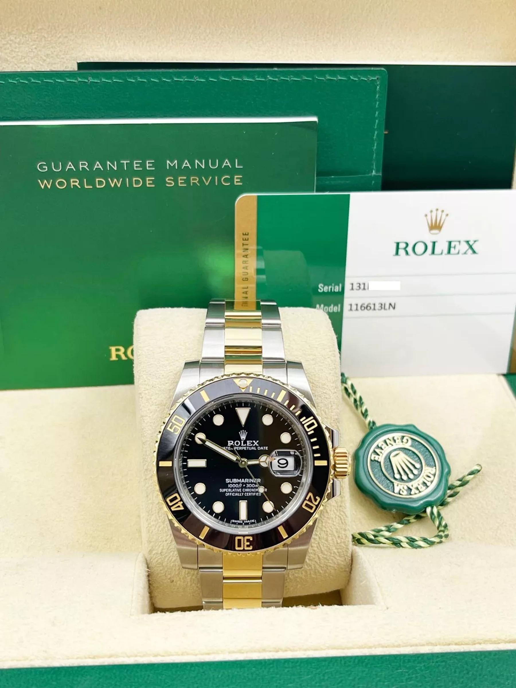 Modellnummer: 116613LN
Seriennummer: 131N0***
Jahr: 2017
Modell: Rolex Submariner
MATERIAL des Gehäuses: Rostfreier Stahl 
Band: 18K Gelbgold & Edelstahl
Lünette: Schwarze Keramiklünette
Zifferblatt: Schwarz
Gesicht: Saphirglas
Gehäusegröße: 40