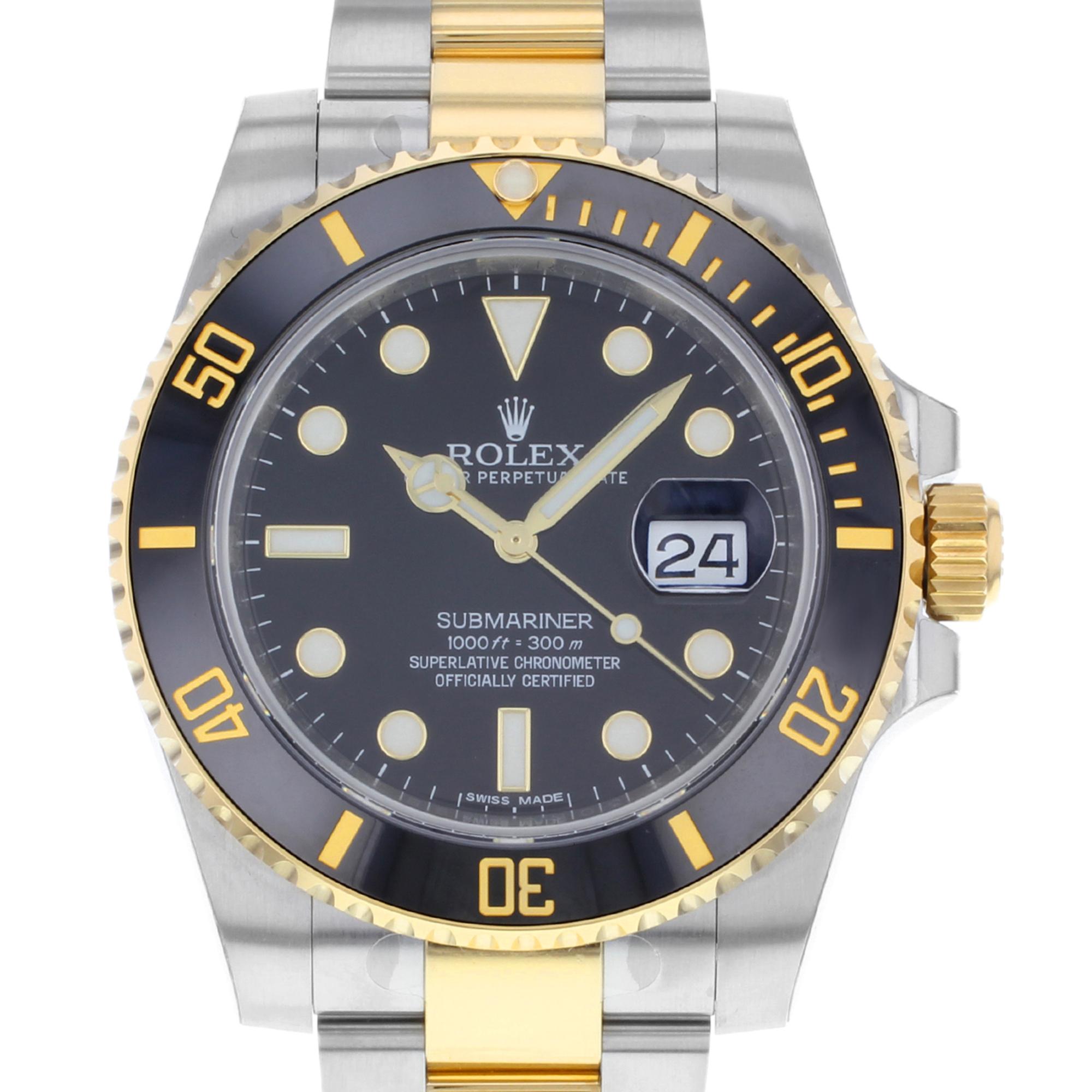 This brand new Rolex Submariner 116613LN is a beautiful men's timepiece that is powered by an automatic movement which is cased in a stainless steel case. It has a round shape face, date dial and has hand sticks & dots style markers. It is completed
