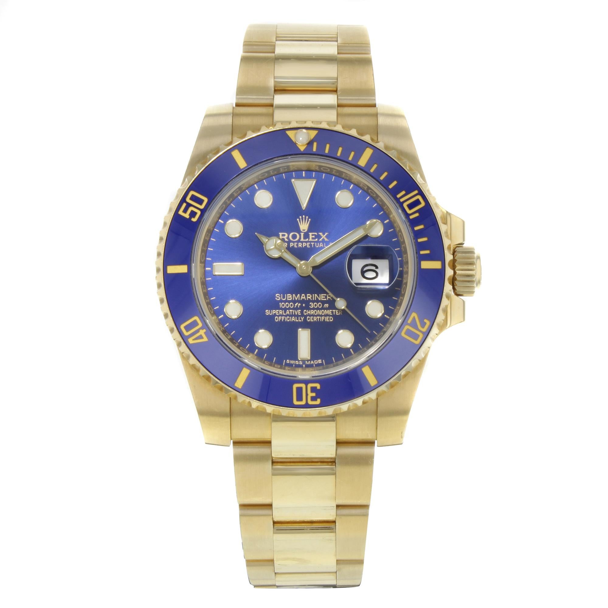 This pre-owned Rolex Submariner 116618 bl is a beautiful men's timepiece that is powered by an automatic movement which is cased in a yellow gold case. It has a round shape face, date dial and has hand sticks & dots style markers. It is completed