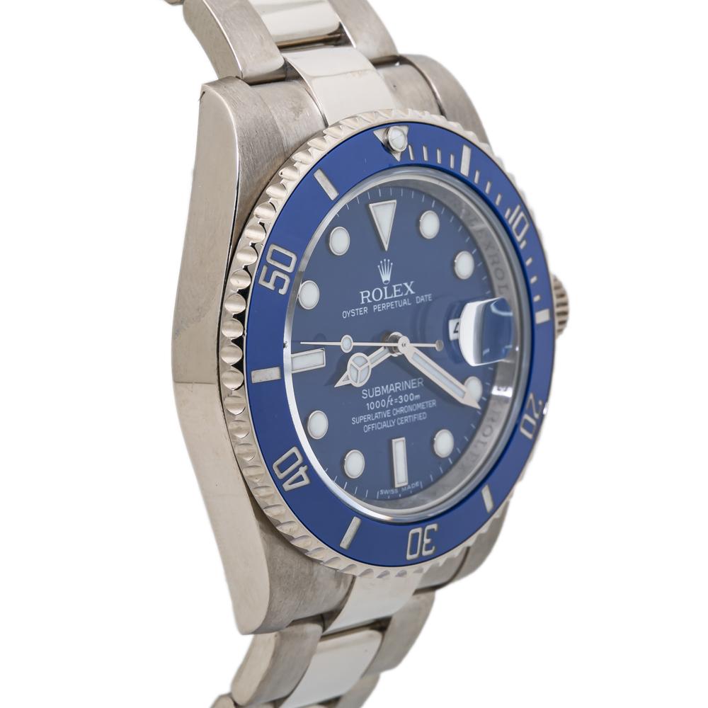 Rolex Submariner 116619 White Gold BlueSMURF Automatic Mens Watch 2014 Card In Excellent Condition For Sale In Miami, FL