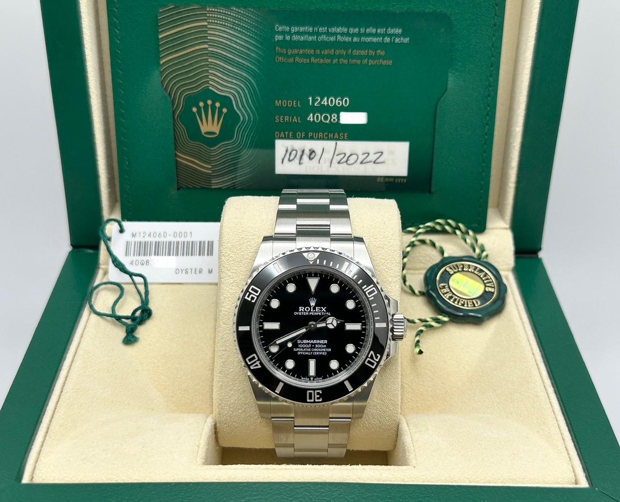 Style Number: 124060



Serial: 40Q83***



Year: 2022

 

Model: Rolex Submariner

 

Case Material: Stainless Steel

 

Band: Stainless Steel

   

Bezel: Black Ceramic

  

Dial: Black

 

Crystal: Sapphire Crystal

 

Case Size: 41mm

