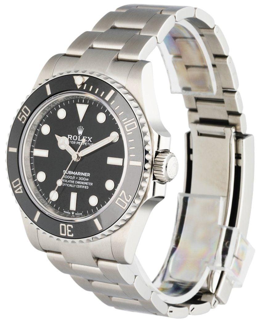 
Rolex Submariner 124060 men's watch. 41MM stainless steel case with ceramic fluted bezel with black bezel insert. Black dial with luminous Mercedes hands and index hour marker. Stainless steel oyster bracelet with stainless steel fold over clasp