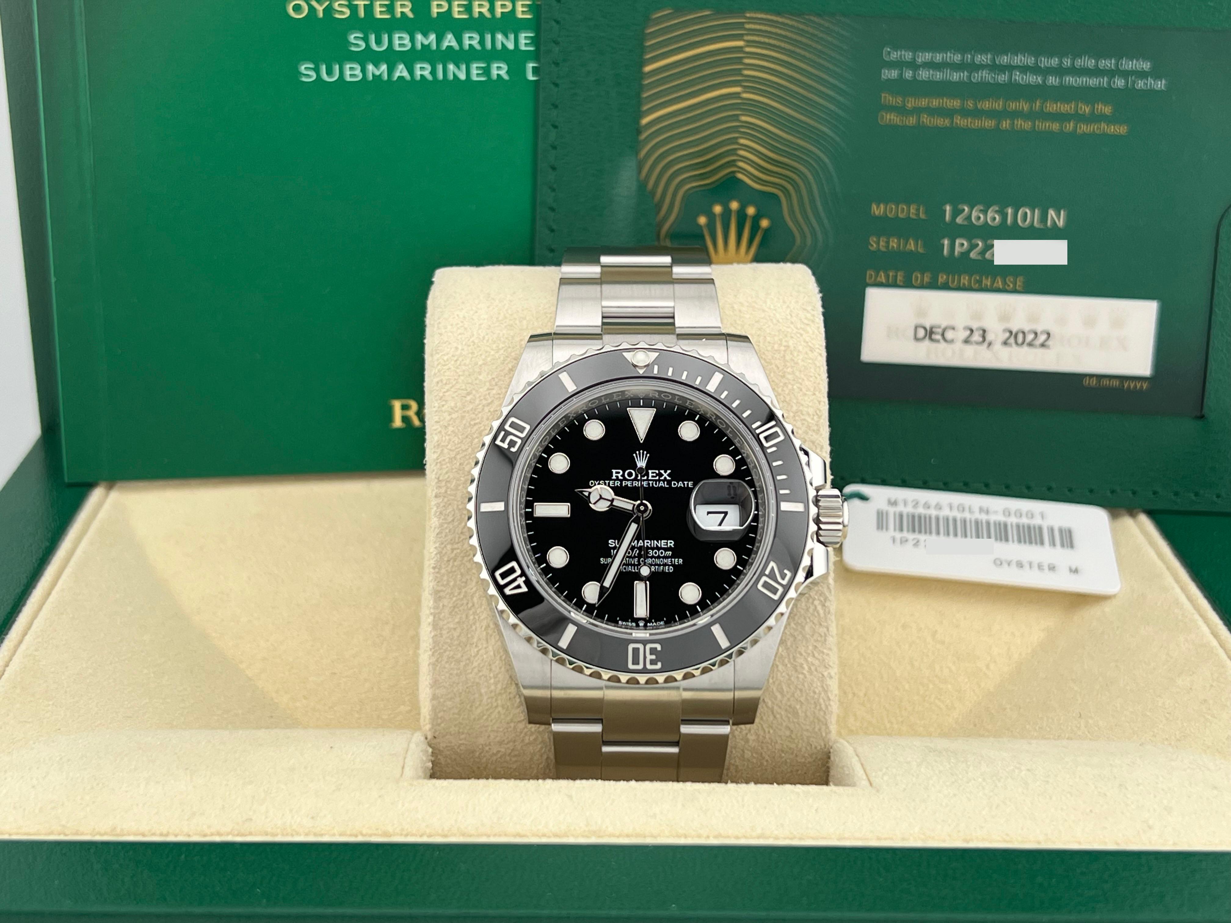 Style Number: 126610LN

Serial: 1P224***

Year: 2022

Model: Rolex Submariner

Case Material: Stainless Steel 

Band: Stainless Steel 

Bezel: Black Ceramic Bezel 

Dial: Black 

Face: Sapphire Crystal 

Case Size: 41mm 

Includes:

-Rolex Box &