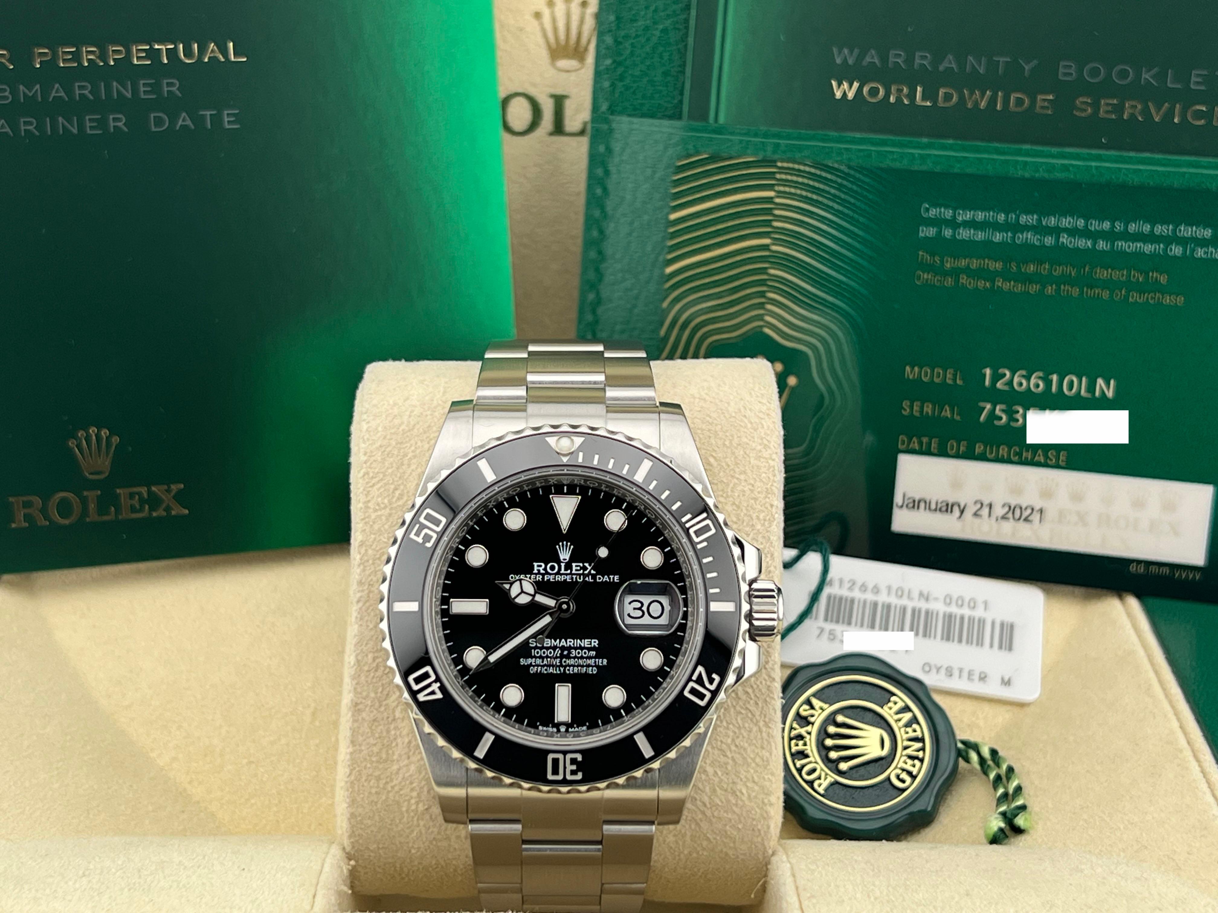 Style Number: 126610LN



Year: 2021

 

Model: Rolex Submariner 

 

Case Material: Stainless Steel 

 

Band: Stainless Steel 

  

Bezel: Black Ceramic 

  

Dial: Black Dial 

 

Face: Sapphire Crystal 

 

Case Size: 41mm 

 

Includes: