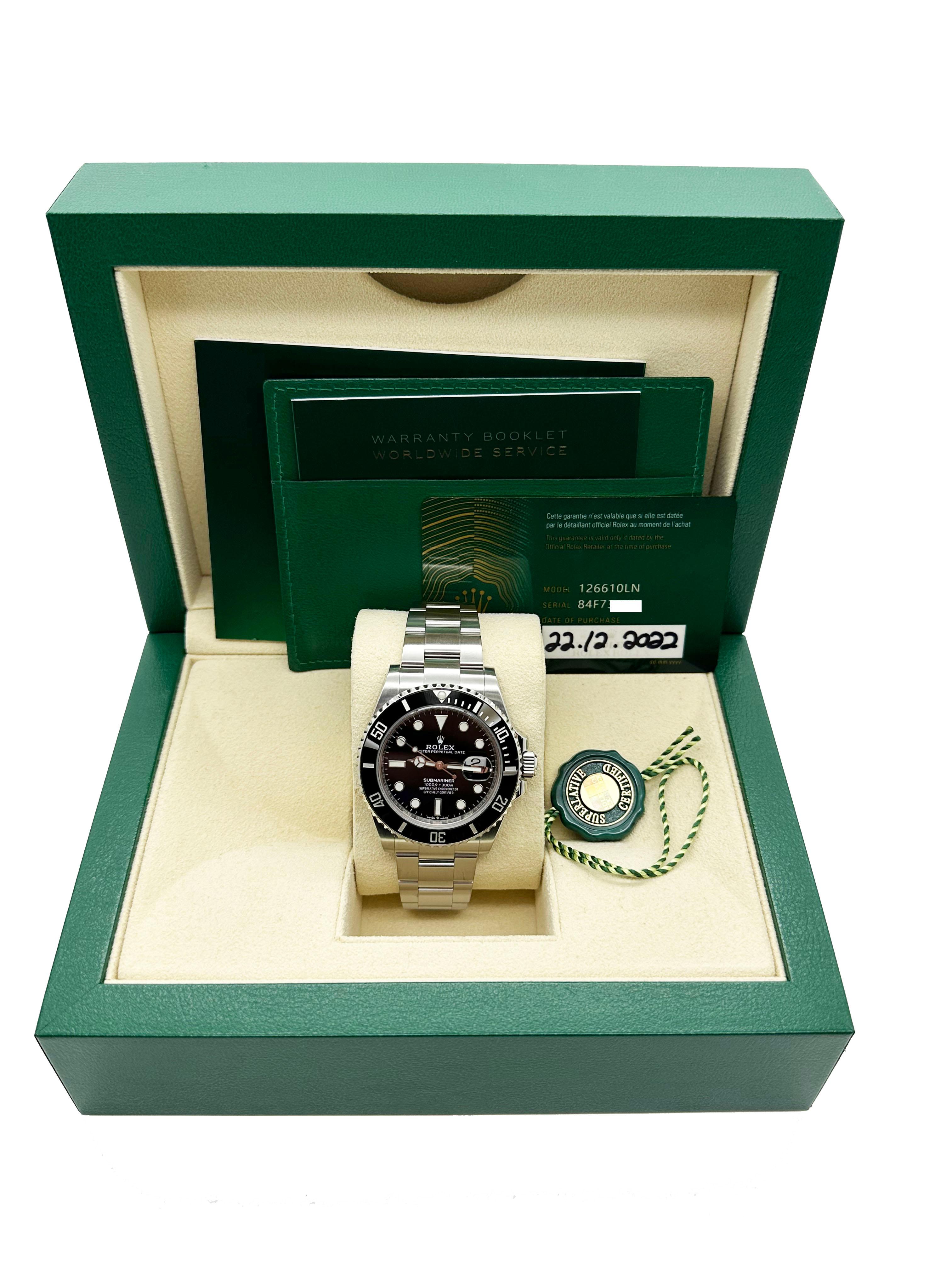 Style Number:  126610LN



Serial: 84F73***



Year: 2022

 

Model: Submariner

 

Case Material: Stainless Steel 

 

Band: Stainless Steel 

 

Bezel: Black Ceramic 

 

Dial: Black 

 

Face: Sapphire Crystal 

 

Case Size: 41mm 

 

Includes: