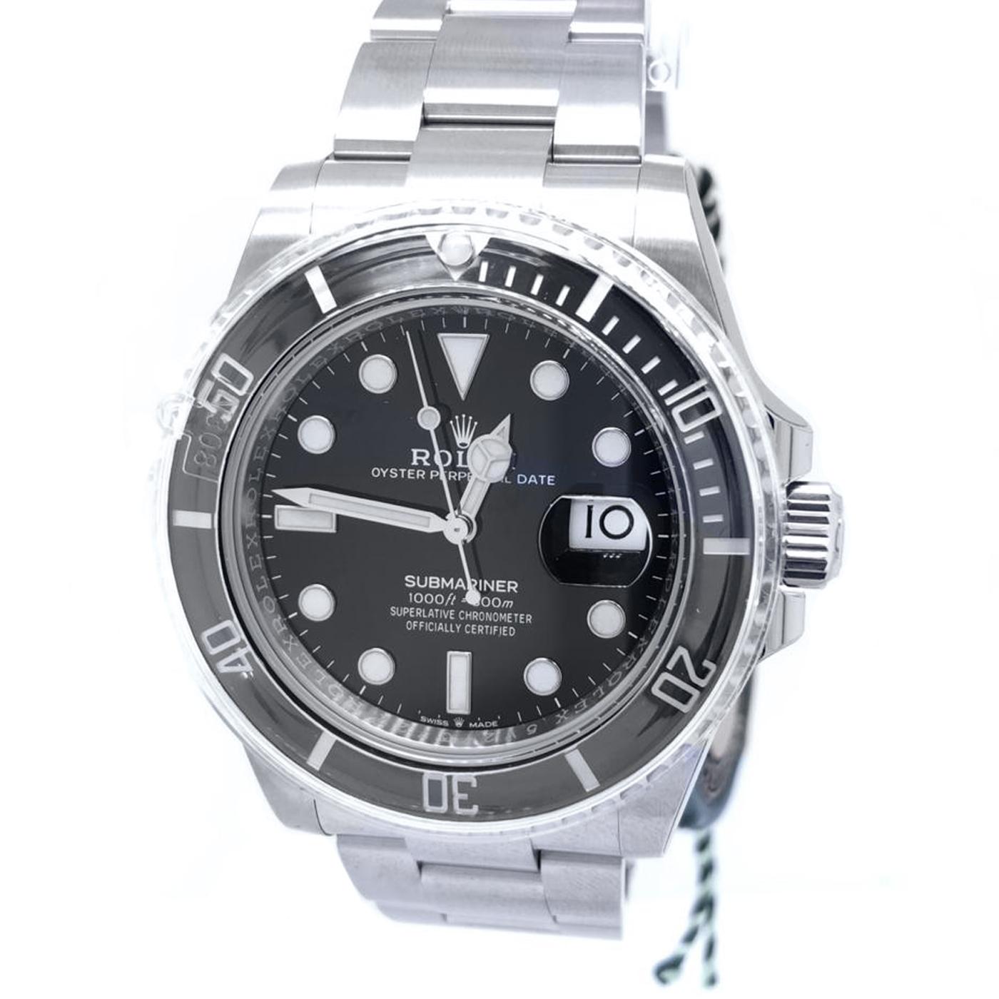 The Oyster Perpetual Submariner Date in Oystersteel with a Black Cerachrom bezel and a black dial with large luminescent hour markers. It features a unidirectional rotatable bezel with Cerachrom insert and solid-link Oyster bracelet. The latest