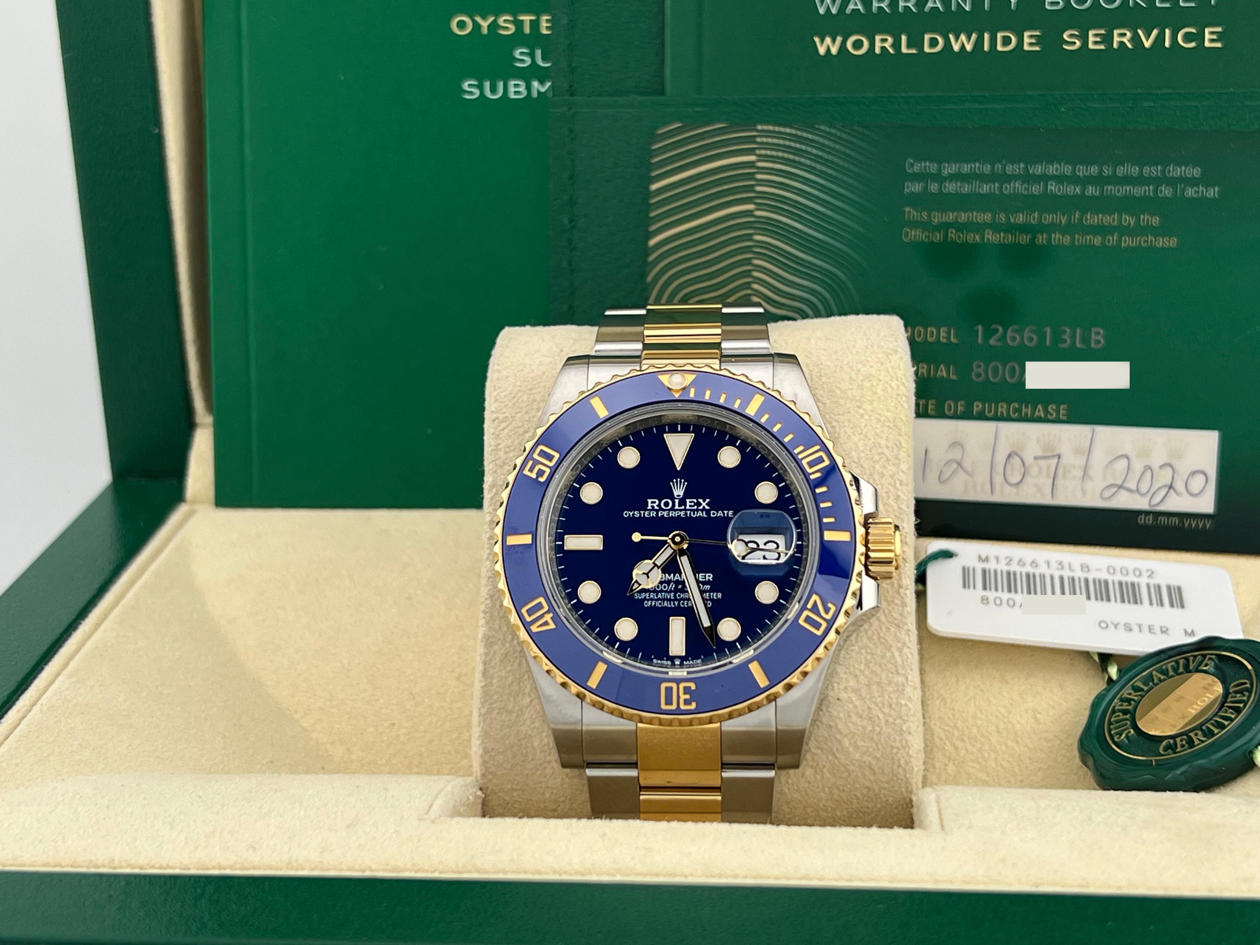 Número de Estilo:126613LB



De serie: 800A9***



Año: 2020

 

Model No: Rolex Submariner 

 

Material de la caja: Acero inoxidable 

 

Banda:  Oro amarillo de 18 quilates y acero inoxidable 

 

Bisel: Cerámica azul 

 

Dial:  Azul 

 

Cara: