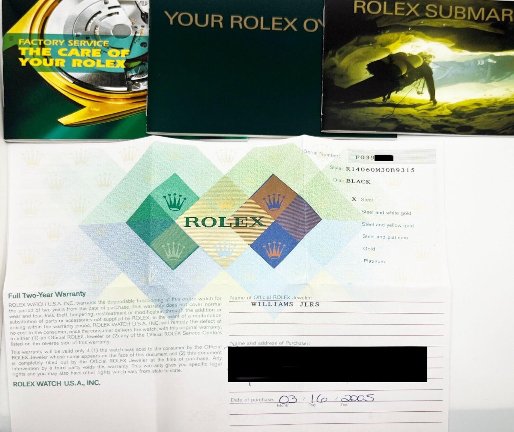 Rolex Submariner 14060 Black Dial Stainless Steel Box Paper 2005 Unisexe en vente