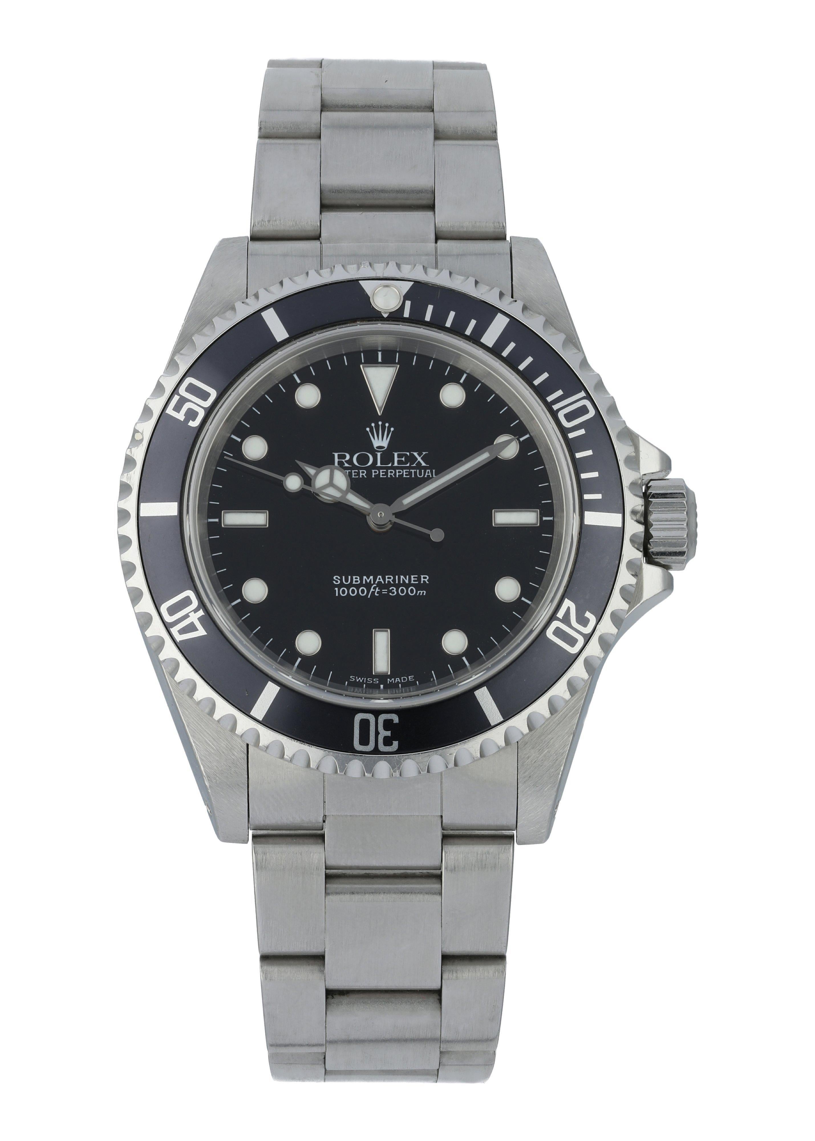 Rolex Submariner 14060 Men's Watch.
42mm Stainless Steel case. 
Stainless Steel Unidirectional rotating bezel. 
Black dial with Luminous Steel hands and luminous dot hour markers. 
Minute markers on the outer dial. 
Stainless Steel Stainless Steel