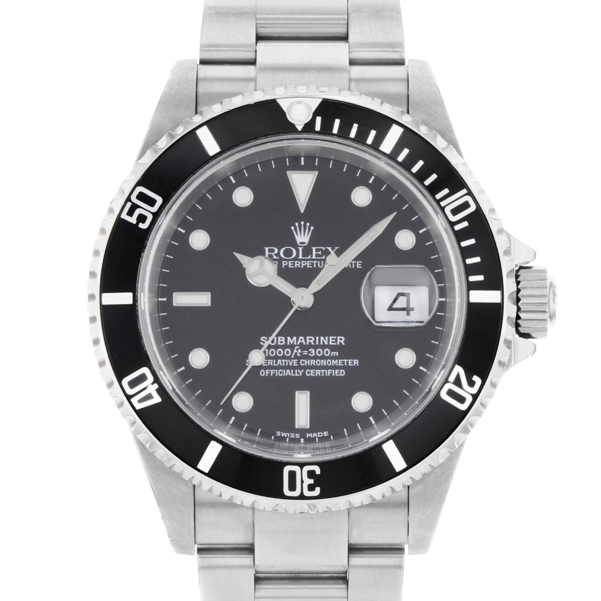 This pre-owned Rolex Submariner  16610  is a beautiful men's timepiece that is powered by an automatic movement which is cased in a stainless steel case. It has a round shape face, date dial and has hand sticks & dots style markers. It is completed