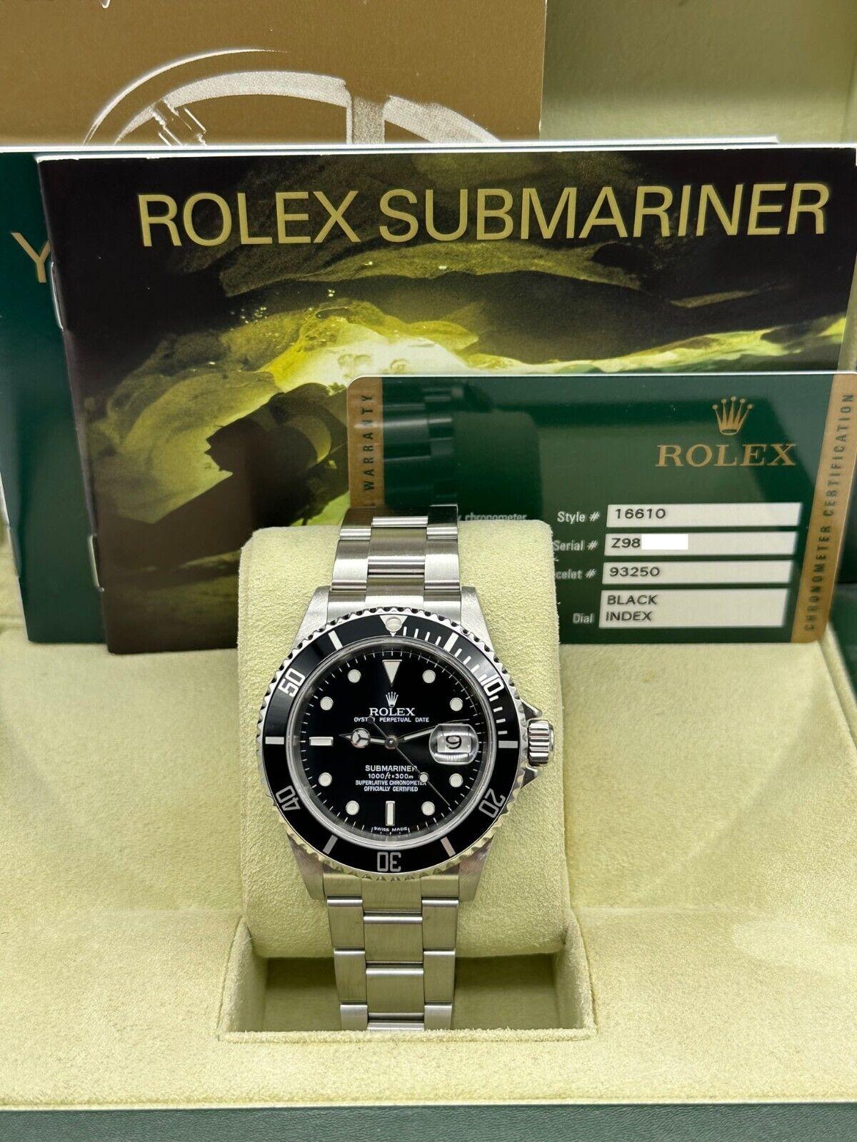Style Number: 16610

Serial: Z987***

Year: 2009

Model: Submariner 

Case Material: Stainless Steel 

Band: Stainless Steel 

Bezel: Black

Dial: Black

Face: Sapphire Crystal 

Case Size: 40mm 

Includes: 

-Rolex Box & Paper

-Certified Appraisal