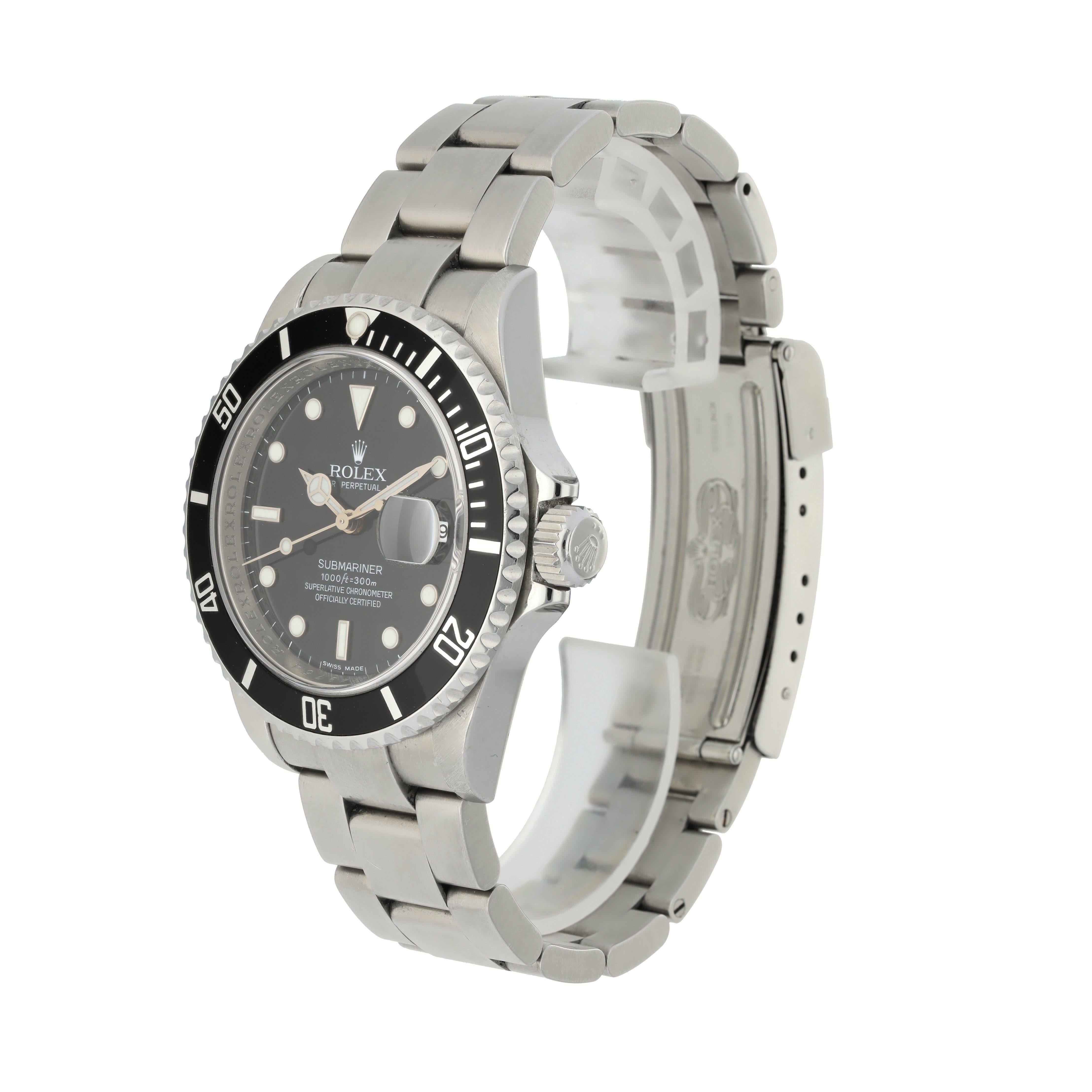 Rolex Submariner 16610 Men's Watch. 
40mm Stainless Steel case. 
Stainless steel Bidirectional bezel. 
Black dial with Luminous Steel hands and luminous dot hour markers. 
Engraved rehaut.
Stainless Steel Bracelet with Fold Over Clasp With Safety.