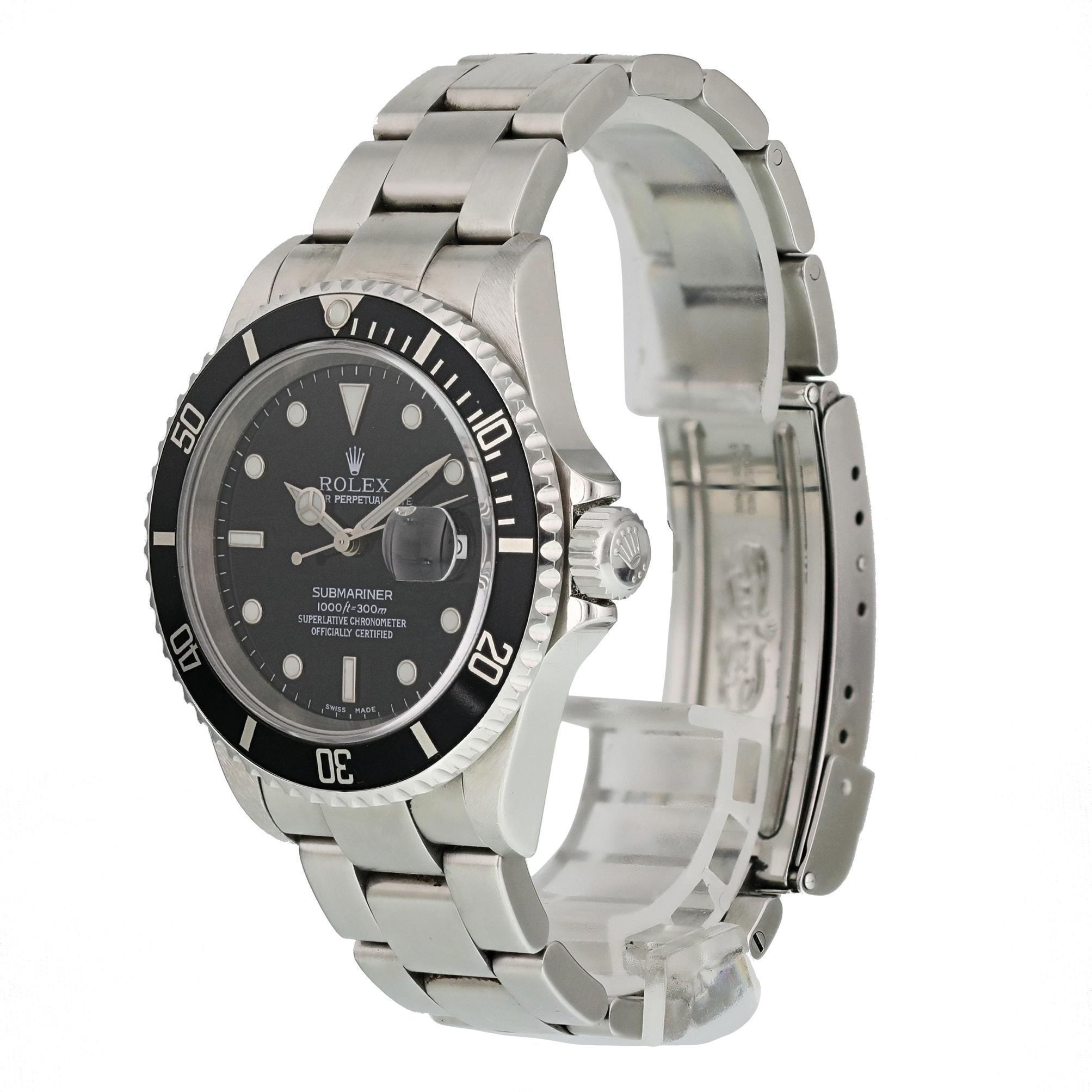 Rolex Submariner 16610 Men's Watch.
40mm Stainless Steel case. 
Stainless Steel Unidirectional bezel. 
Black dial with Luminous Steel hands and index, dot hour markers. 
Minute markers on the outer dial. 
Date display at the 3 o'clock position.