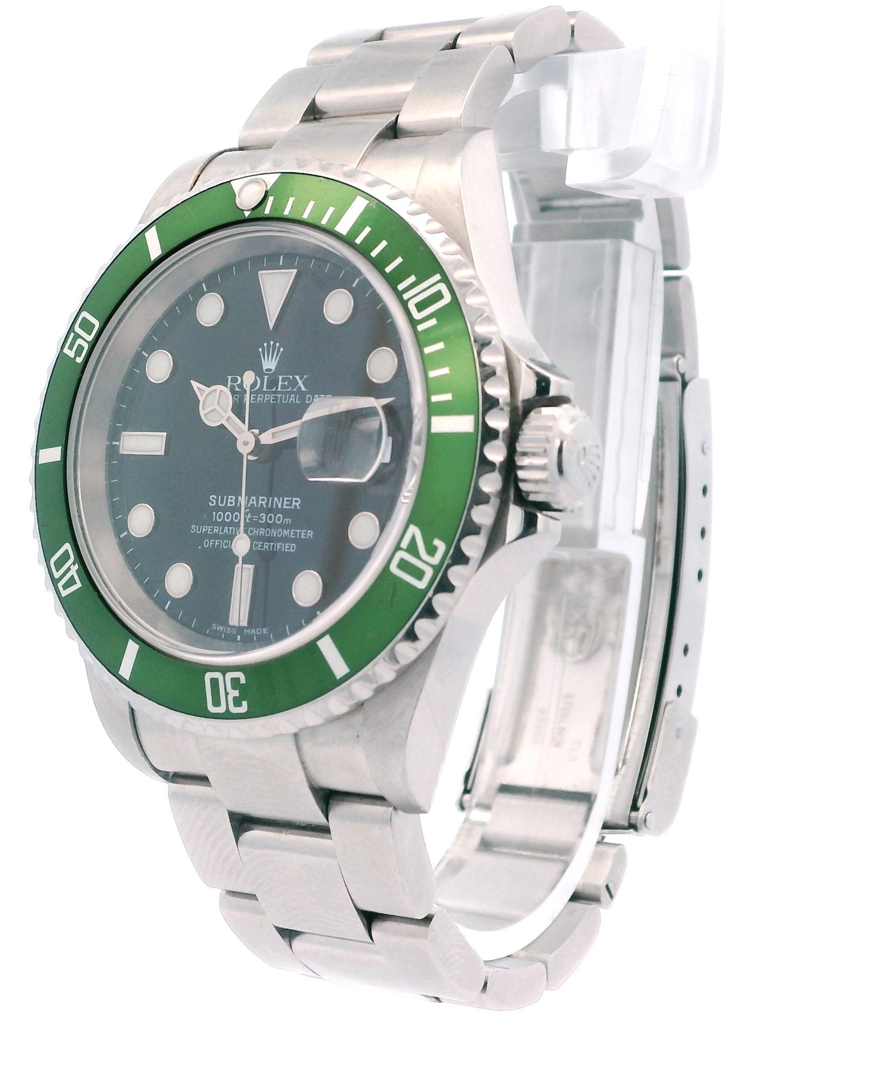 Rolex Oyster Perpetual Date Submariner 16610LV Mens Watch. 40mm stainless steel case. Stainless steel unidirectional rotating bezel with green bezel insert. Black dial with luminous steel hands and dot hour markers. Minute makers on the outer dial.