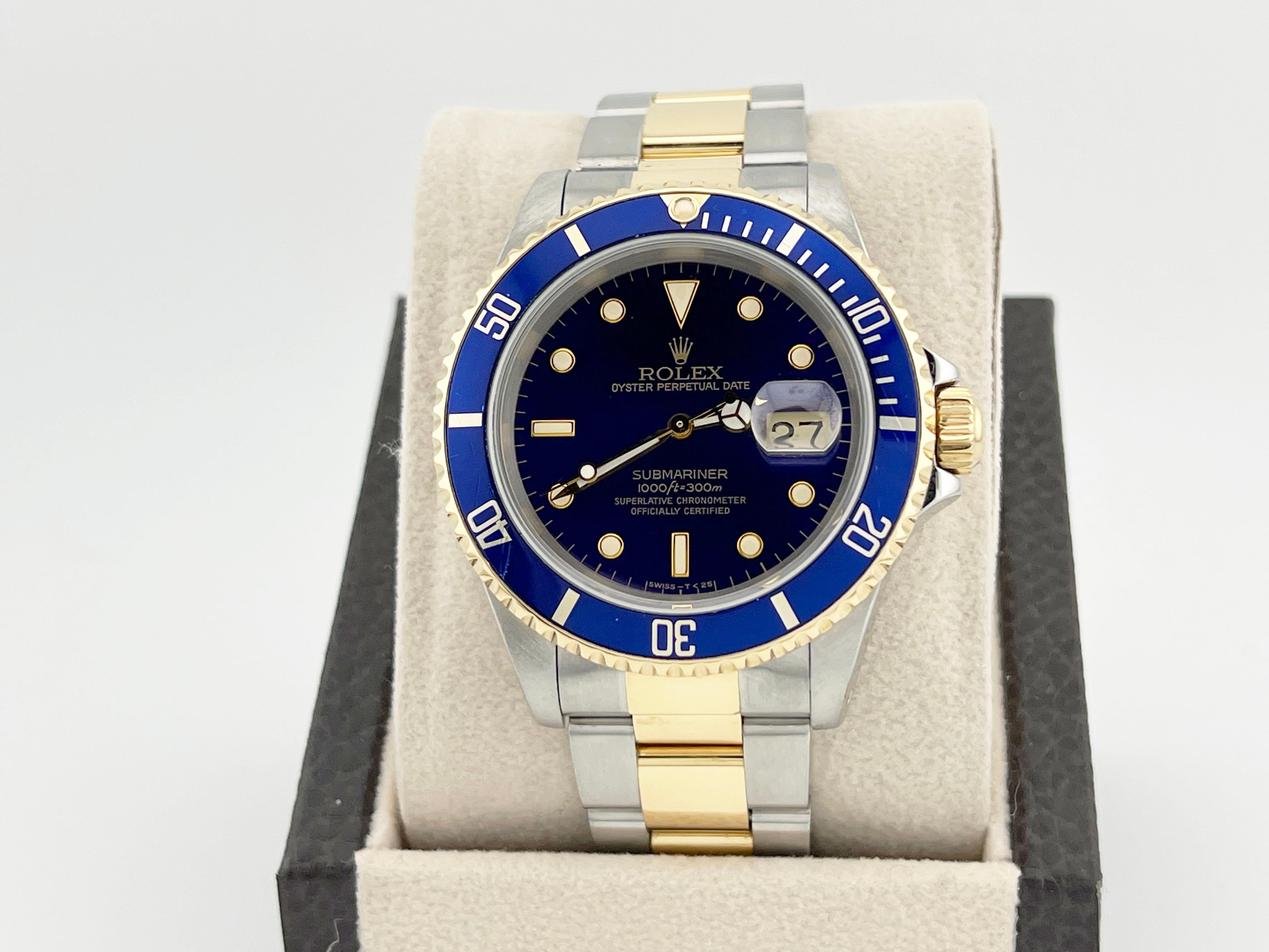 Rolex Submariner 16613 40mm Blaues Zifferblatt Blaue Lünette 18K Gelbgold Edelstahl im Zustand „Hervorragend“ in San Diego, CA