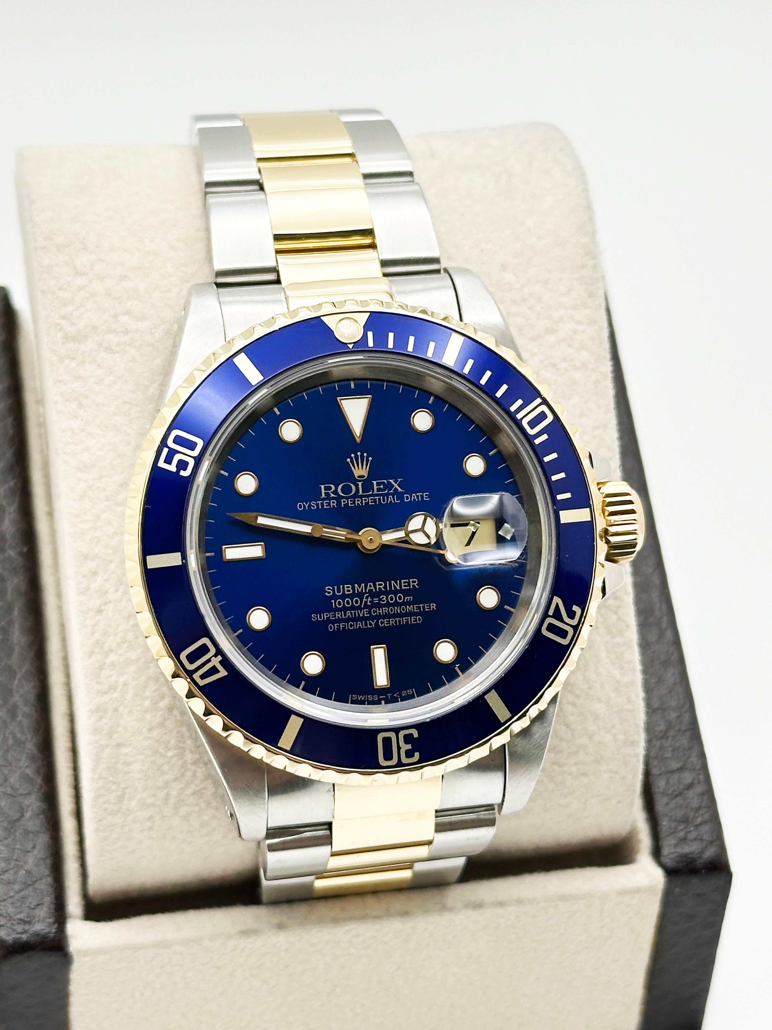 Style Number: 16613



Serial: W859***



Year: 1995

 

Model: Rolex Submariner 

 

Case Material: Stainless Steel 

 

Band: 18K Yellow Gold & Stainless Steel 

  

Bezel: Blue Bezel 

  

Dial: Blue Dial 

 

Face: Sapphire Crystal 

 

Case