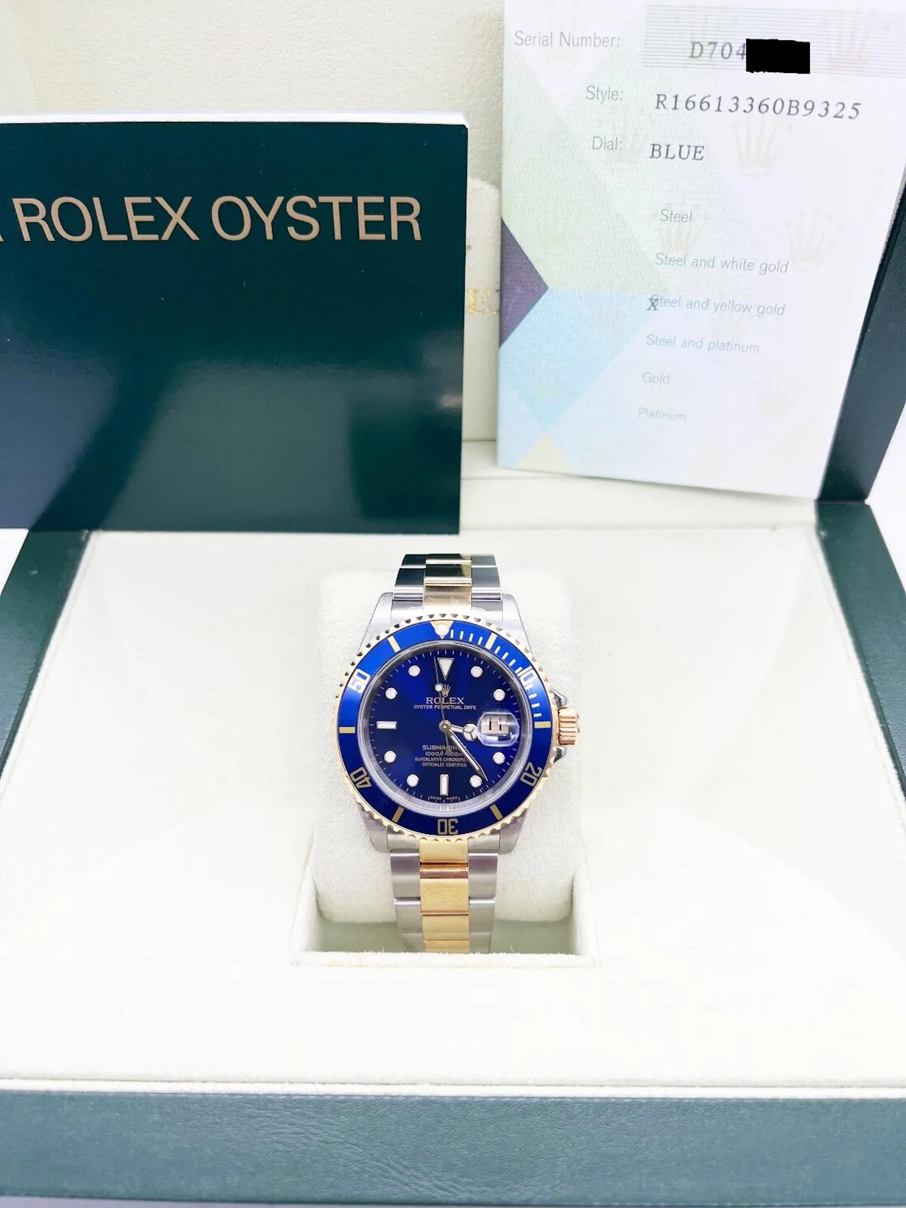 Style Number: 16613

Serial: D704***

Year: 2007

Model: Submariner

Case Material: Stainless Steel

Band: 18K Yellow Gold & Stainless Steel 

Bezel: Blue

Dial: Blue

Face: Sapphire Crystal

Case Size: 40mm

Includes: 

-Rolex Box &