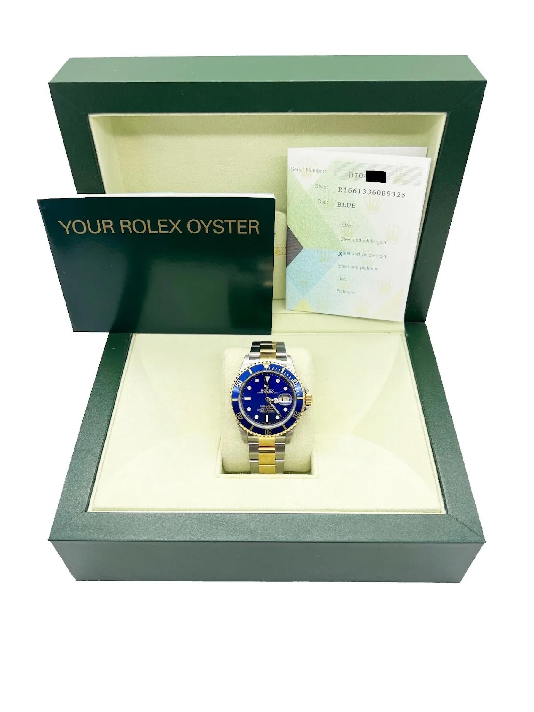 Rolex Submariner 16613 Blue Dial 18K Yellow Gold Stainless Steel Box Paper 2007 For Sale 1