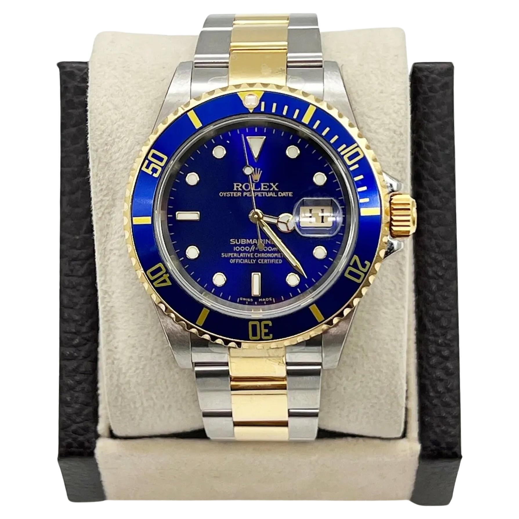 Rolex Submariner 16613 Blue Dial 18K Yellow Gold Stainless Steel Box Paper 2007 For Sale