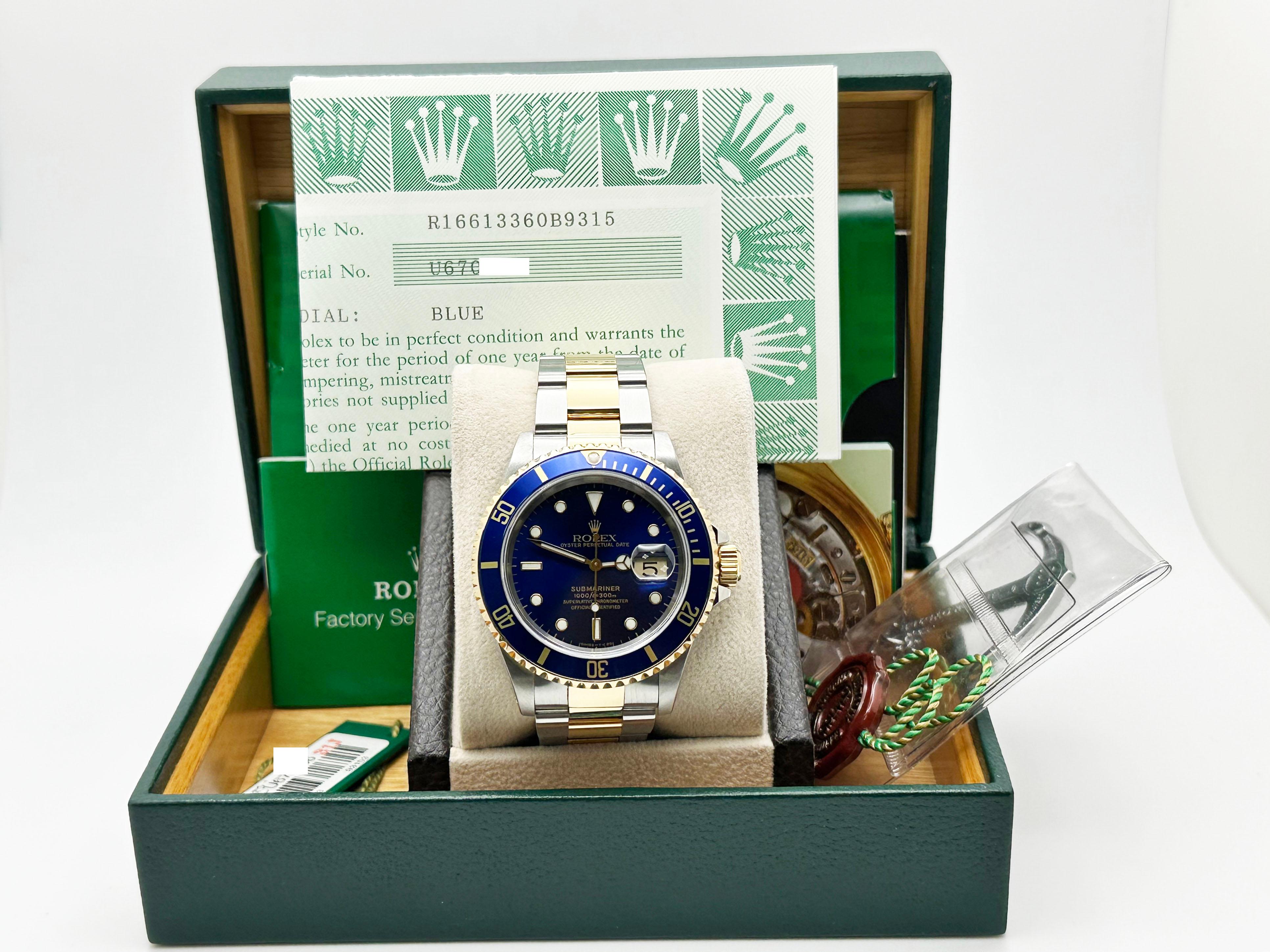 Numero di stile: 16613



Seriale: U670***



Anno: 1997

 

Model: Rolex Submariner 

 

Materiale della cassa: Acciaio inossidabile 

 

Fascia: oro giallo 18 carati e acciaio inossidabile 

  

Lunetta: blu 

  

Quadrante: blu 

 

Volto: