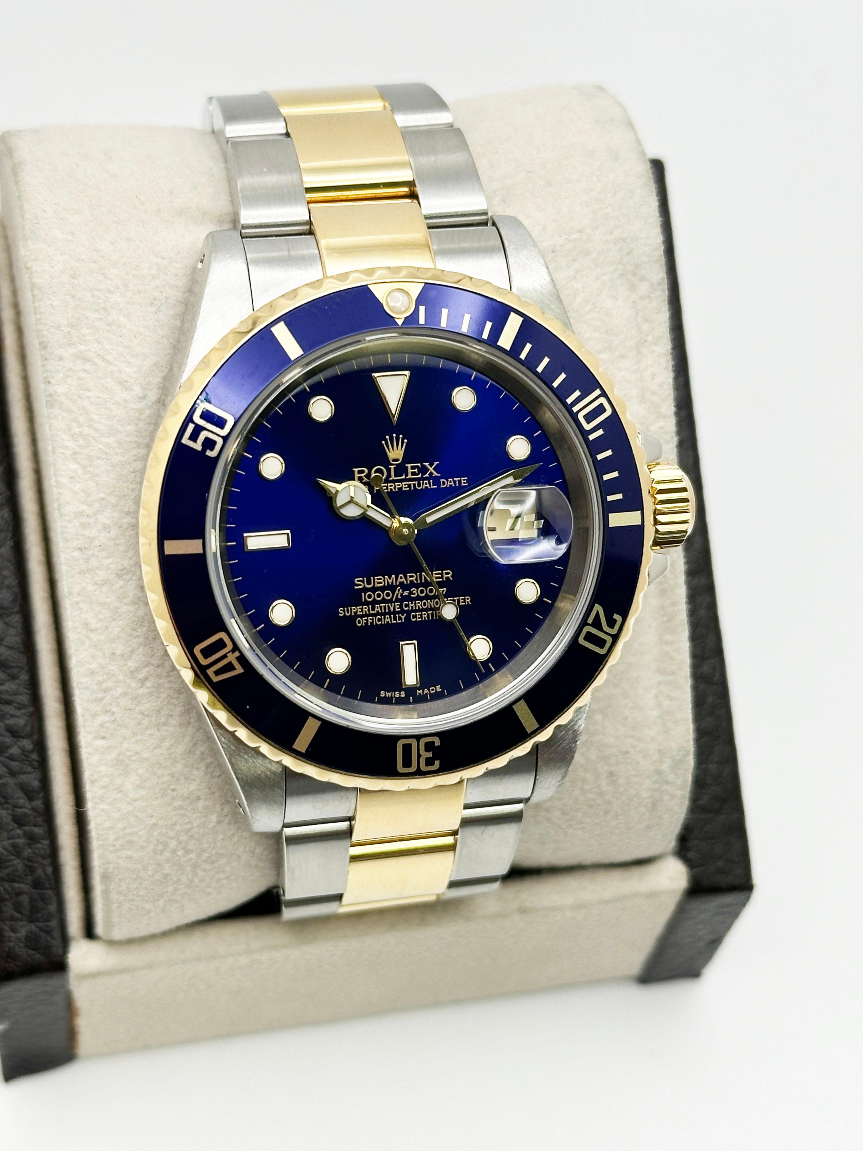 Rolex Submariner 16613 Blue Dial 18K Yellow Gold Stainless Steel In Excellent Condition In San Diego, CA