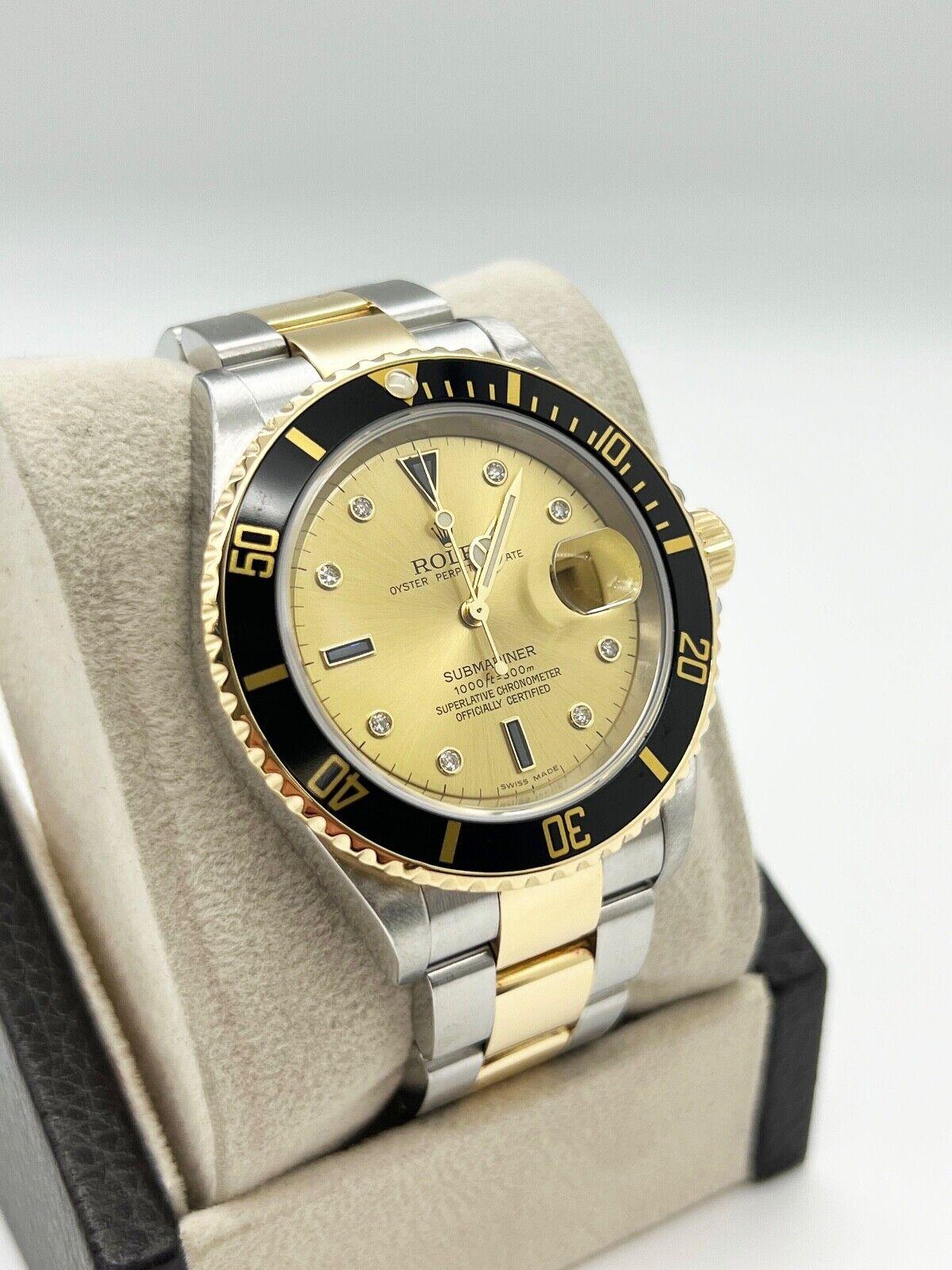 Rolex Submariner 16613 Champagne Serti Dial 18K Yellow Gold Stainless Steel 2006 For Sale 1