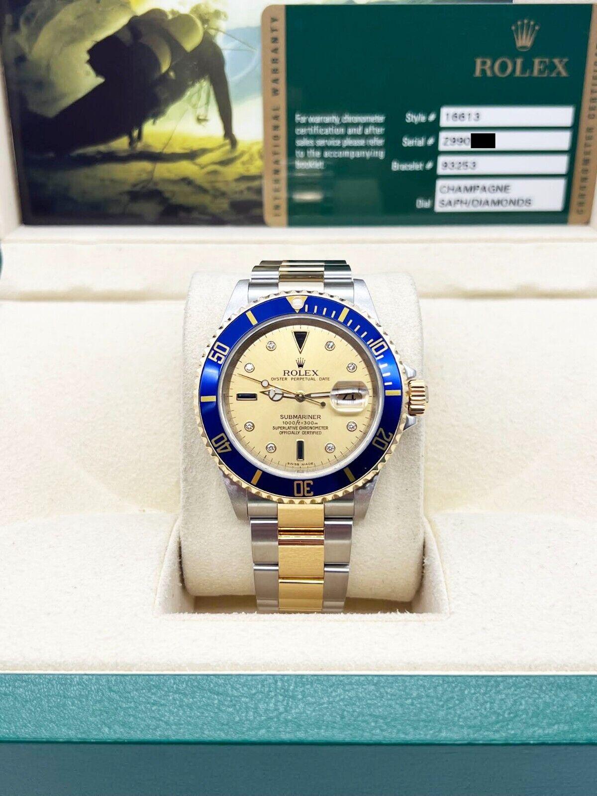 Rolex Submariner 16613 Champagne Serti Dial 18K Yellow Gold Steel Box Paper For Sale 6