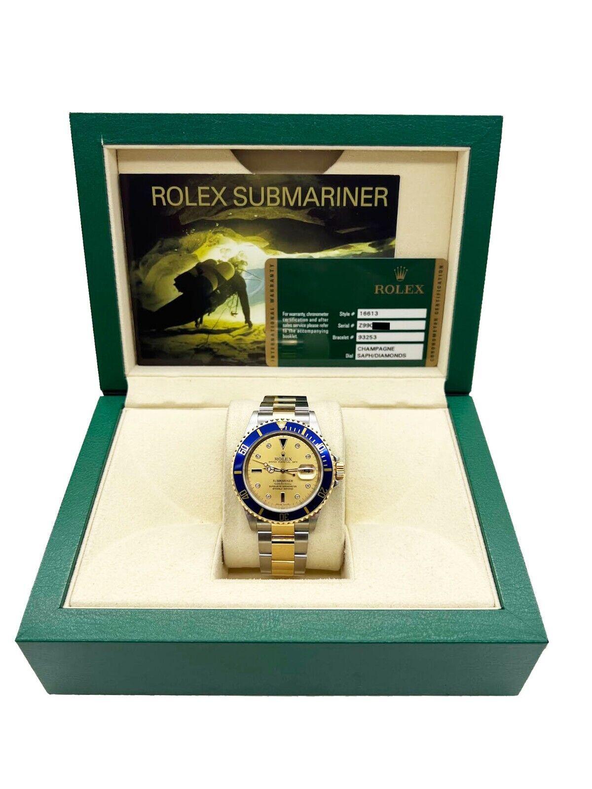 Rolex Submariner 16613 Champagne Serti Dial 18K Yellow Gold Steel Box Paper In Excellent Condition For Sale In San Diego, CA
