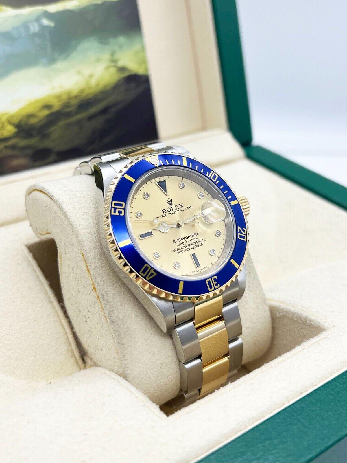 Men's Rolex Submariner 16613 Champagne Serti Dial 18K Yellow Gold Steel Box Paper For Sale
