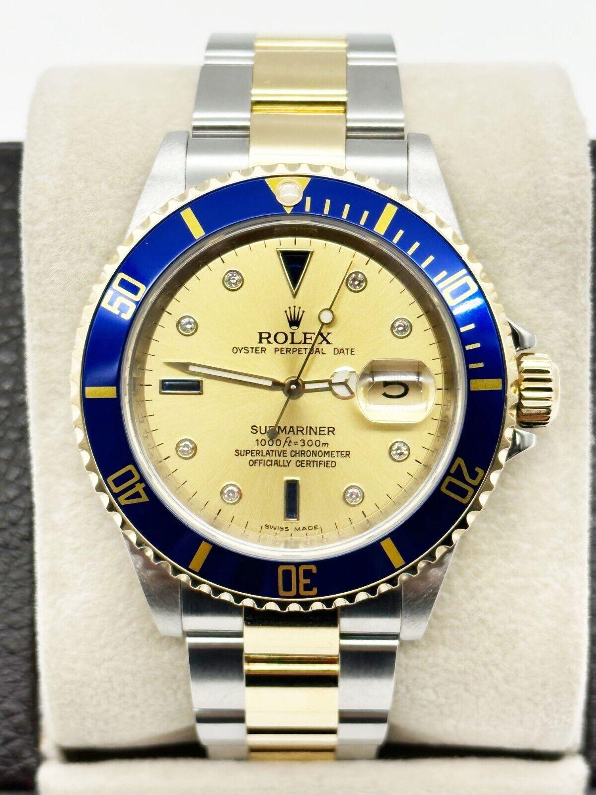 Rolex Submariner 16613 Champagne Serti Dial 18K Yellow Gold Steel Box Paper For Sale 1