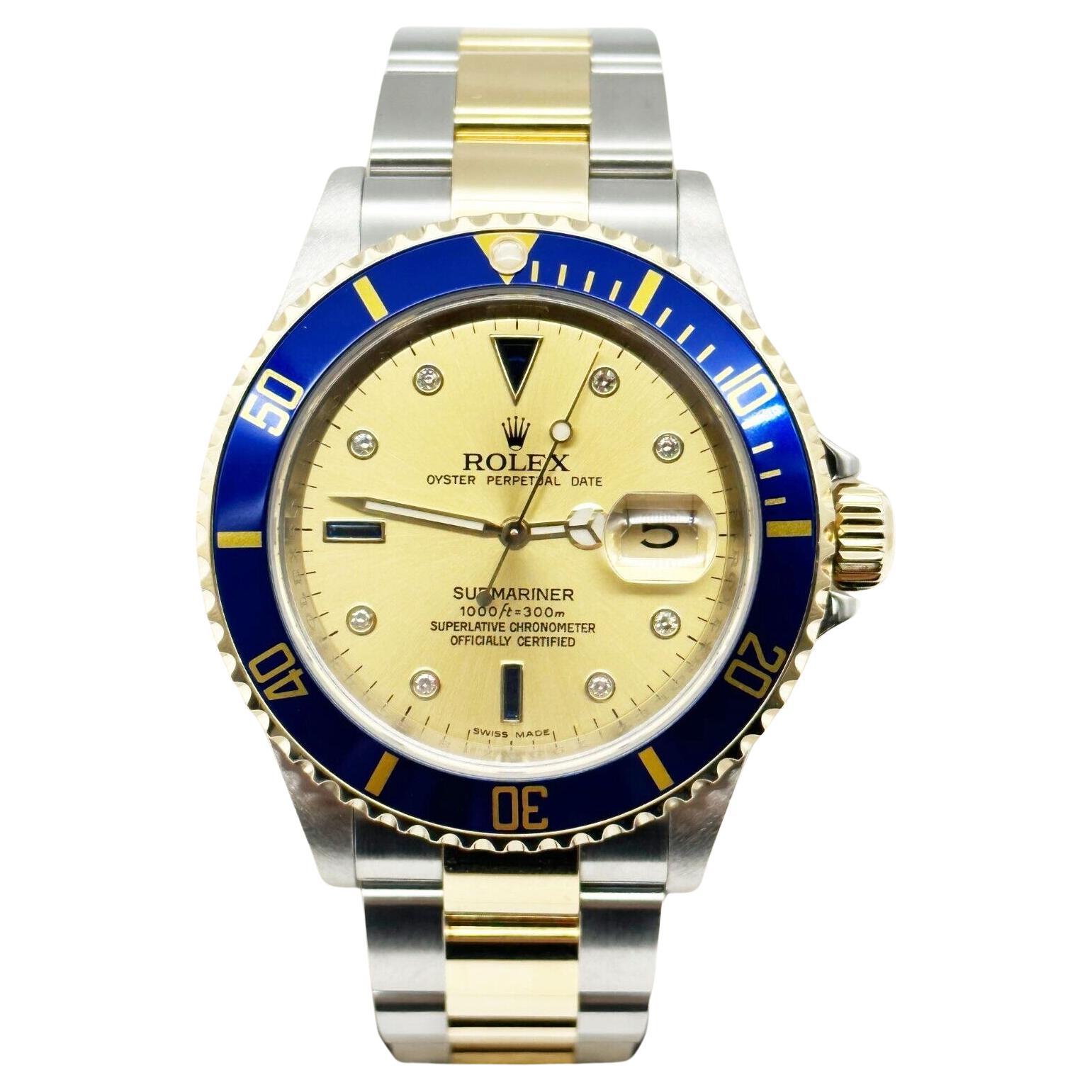 Rolex Submariner 16613 Champagne Serti Dial 18K Yellow Gold Steel Box Paper For Sale