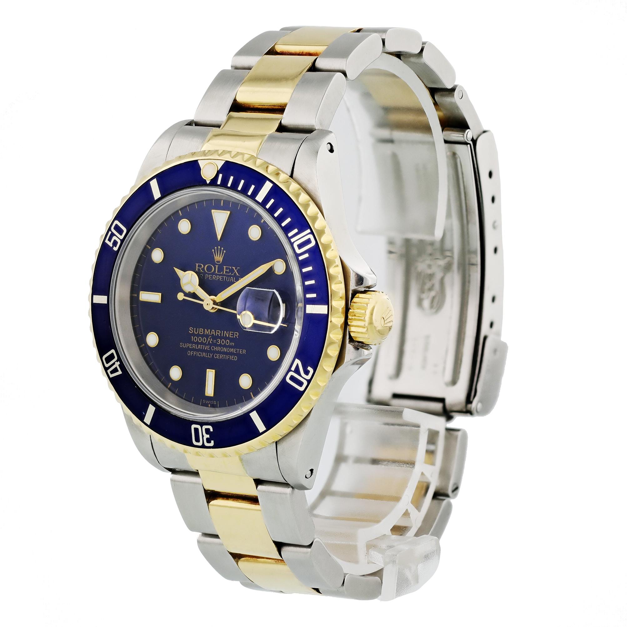 Rolex Oyster Perpetual Date Submariner 116613 Mens Watch. 
40mm Stainless steel case with Unidirectional rotating 18K yellow gold bezel with a blue top ring. 
Blue dial with yellow gold-tone hands and luminous dot hour markers. 
Minute markers