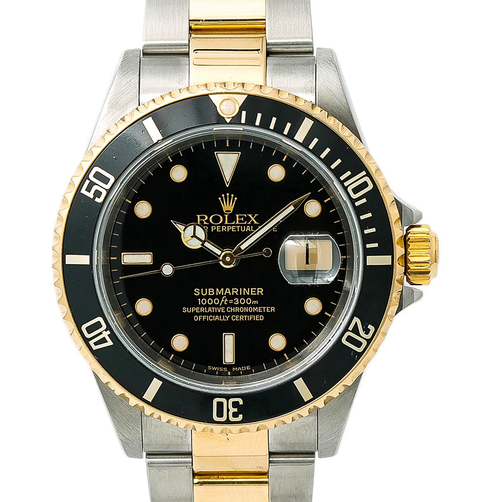 Contemporary Rolex Submariner 16613 Men's Automatic Watch Black Dial Two-Tone Gold Buckle For Sale