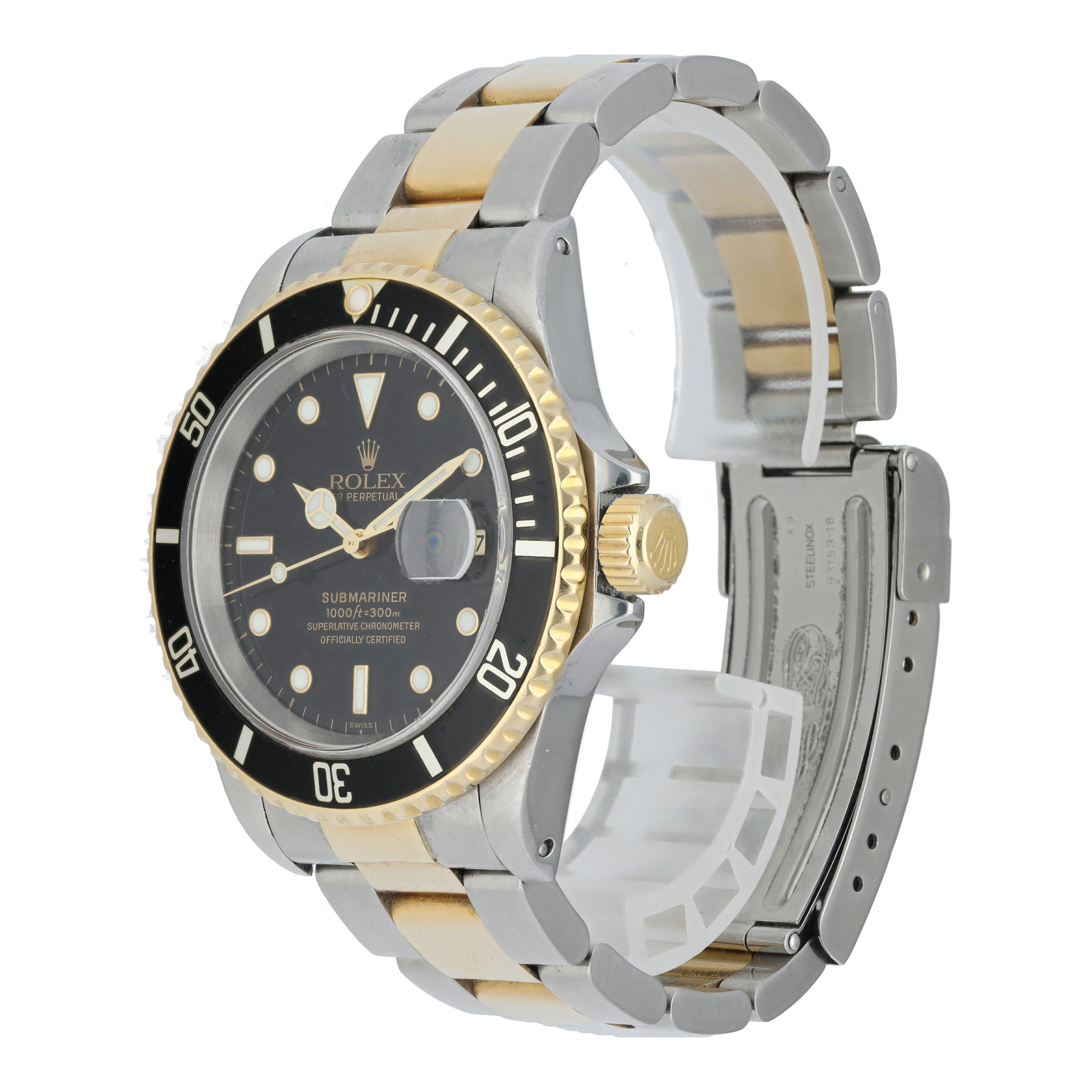 Rolex Submariner 16613 Men's Watch. 
40mm Stainless Steel case with yellow gold unidirectional rotating bezel. 
Black dial with luminous gold hands and luminous dot hour markers. 
Minute markers on the outer dial. 
Date display at the 3 o'clock
