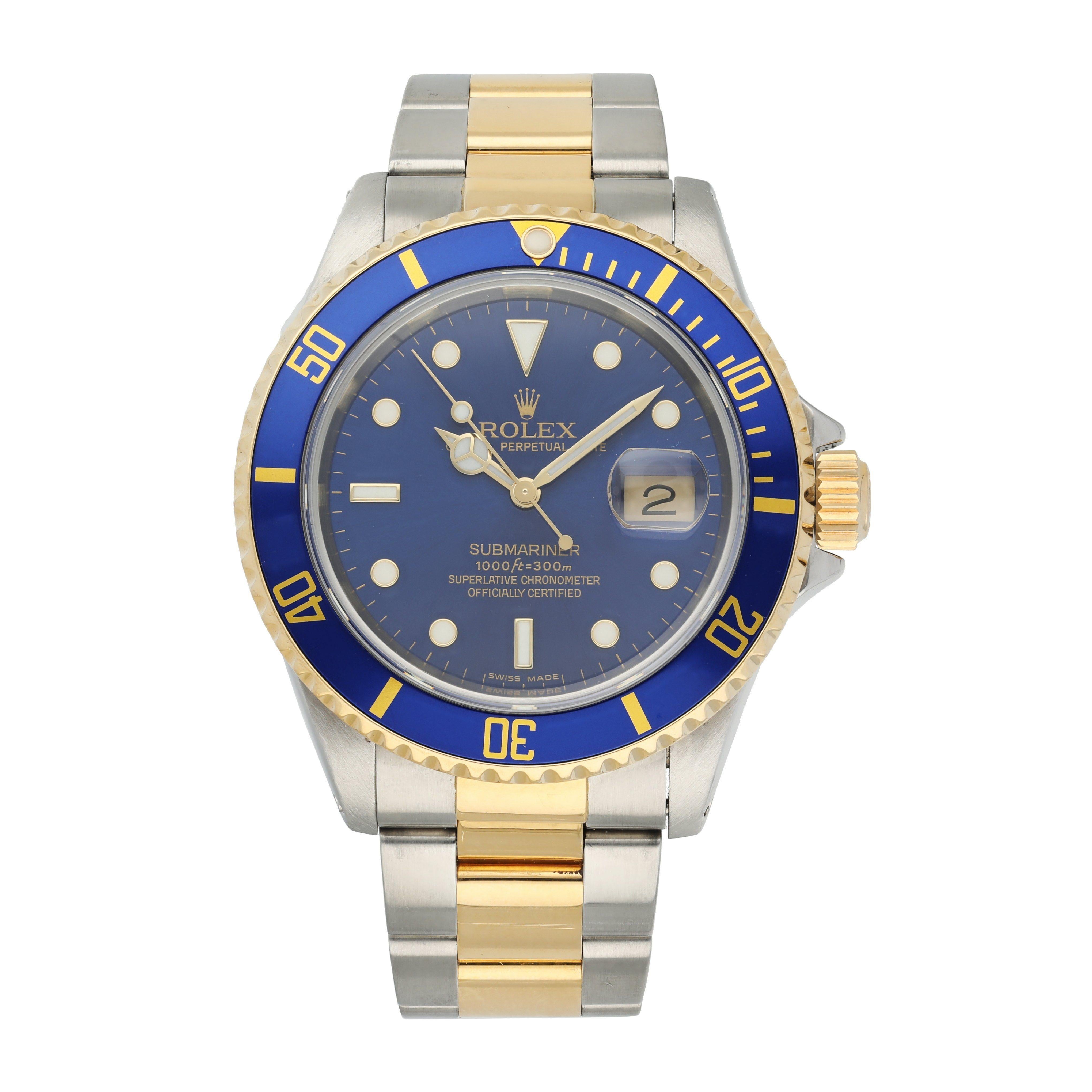 Rolex Submariner 16613 Men Watch. 
40mm Stainless Steel case. 
18k yellow gold bezel with blue insert.
Blue dial with Luminous Steel hands and luminous dot hour markers. 
Date display at the 3 o'clock position. 
Oyster two tone Bracelet with