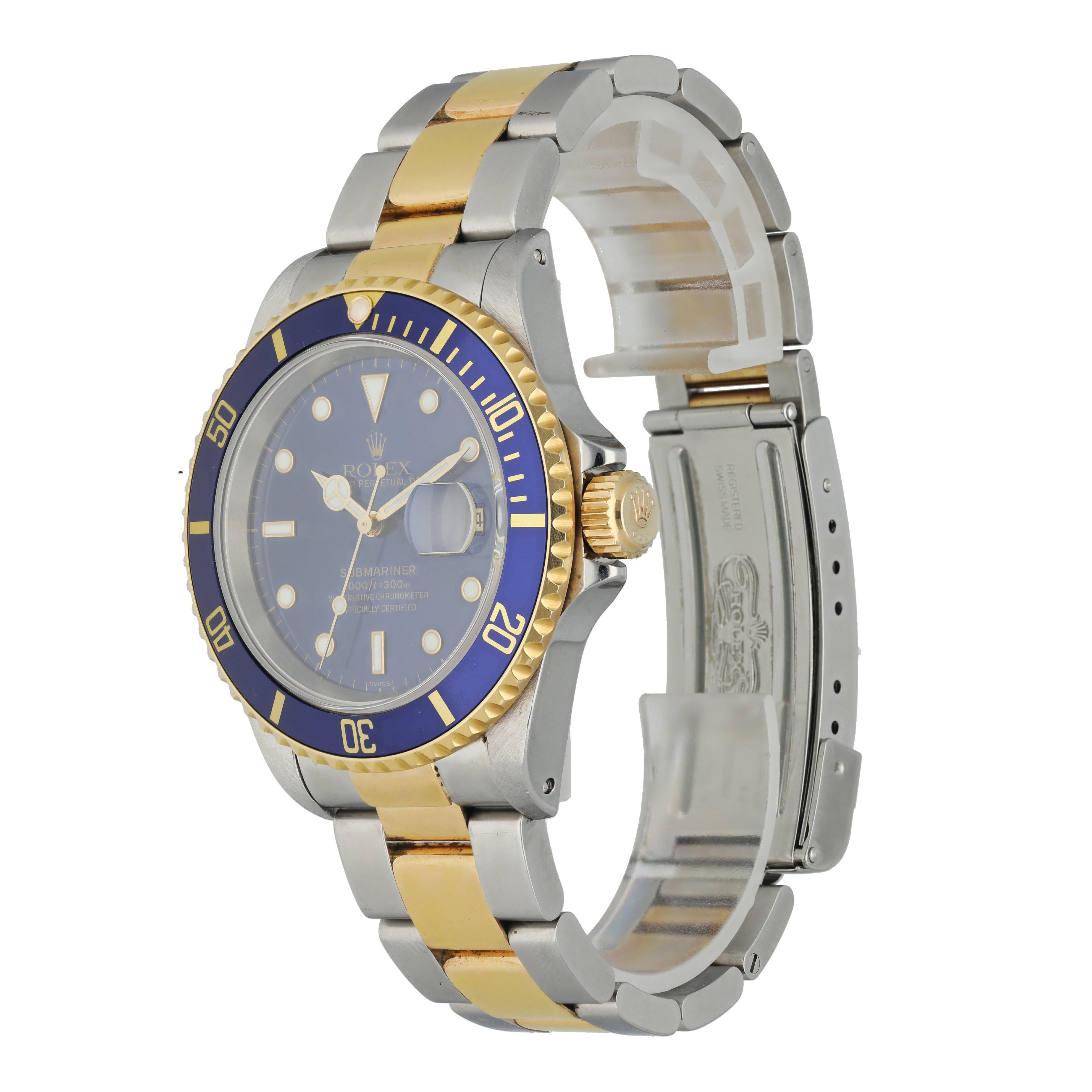 Rolex Submariner 16613 Mens Watch. 
40mm Stainless Steel case. 
18k yellow gold bezel with blue insert.
Blue dial with luminous gold hands and luminous dot hour markers. 
Date display at the 3 o'clock position. 
Oyster two-tone Bracelet with
