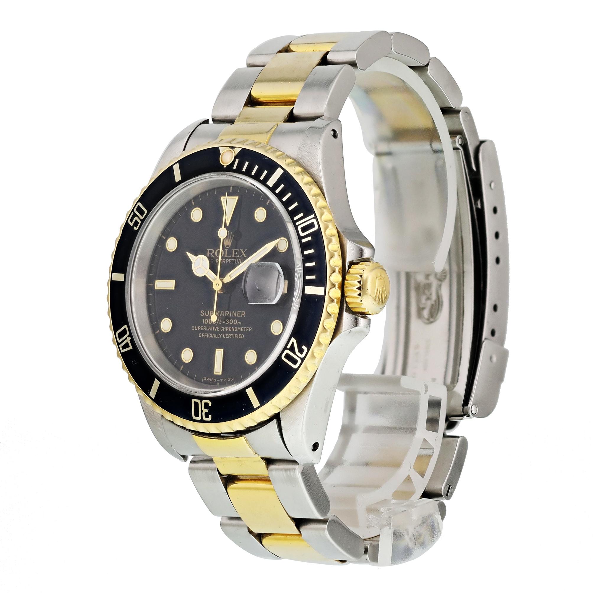 Rolex oyster perpetual Submariner Date 18k 16613 Men's Watch.
40mm Stainless steel case.
18k yellow gold bezel with black bezel insert. 
Black dial with gold luminous hands and markers. 
Minute markers on the outer dial. 
Date display at the 3