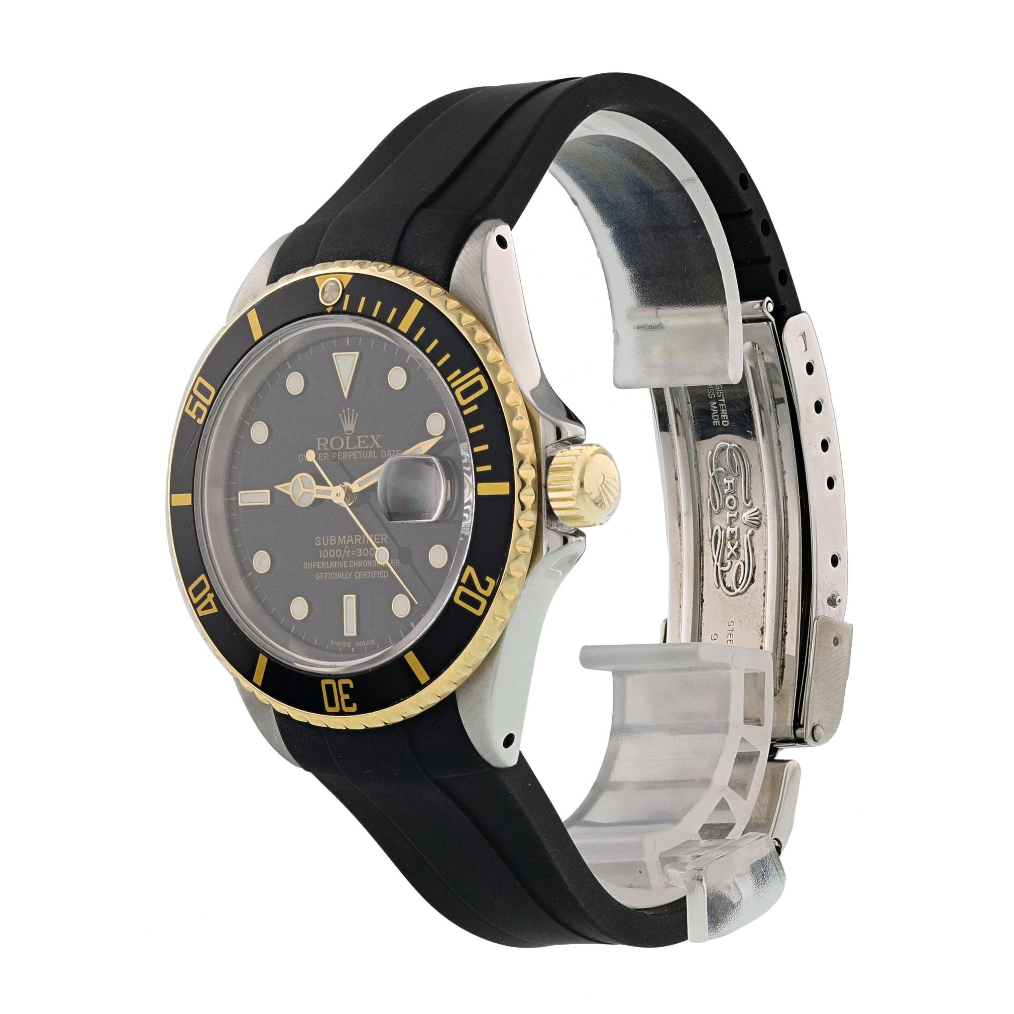 Rolex Submariner 16613 Men's Watch.
40mm Stainless Steel case. 
Yellow Gold Unidirectional bezel. 
Black dial with luminous gold hands and index, dot hour markers. 
Minute markers on the outer dial. 
Date display at the 3 o'clock position. 
Rubber B