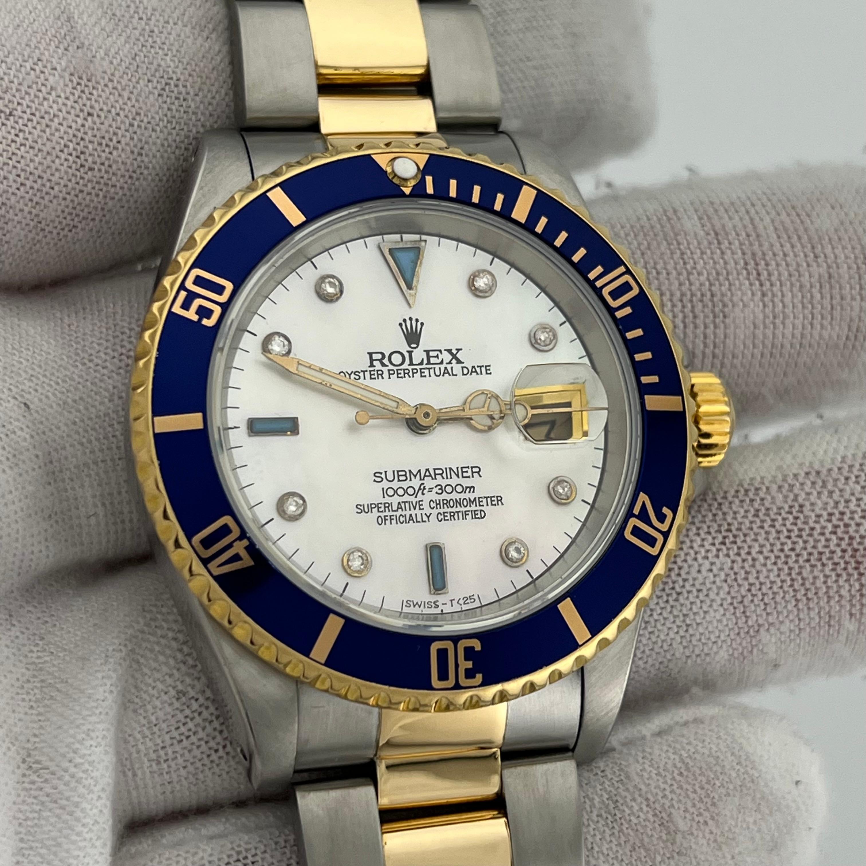 Rolex Submariner 16613 Mother of Pearl Serti Dial 18K Gold Stainless Steel 7