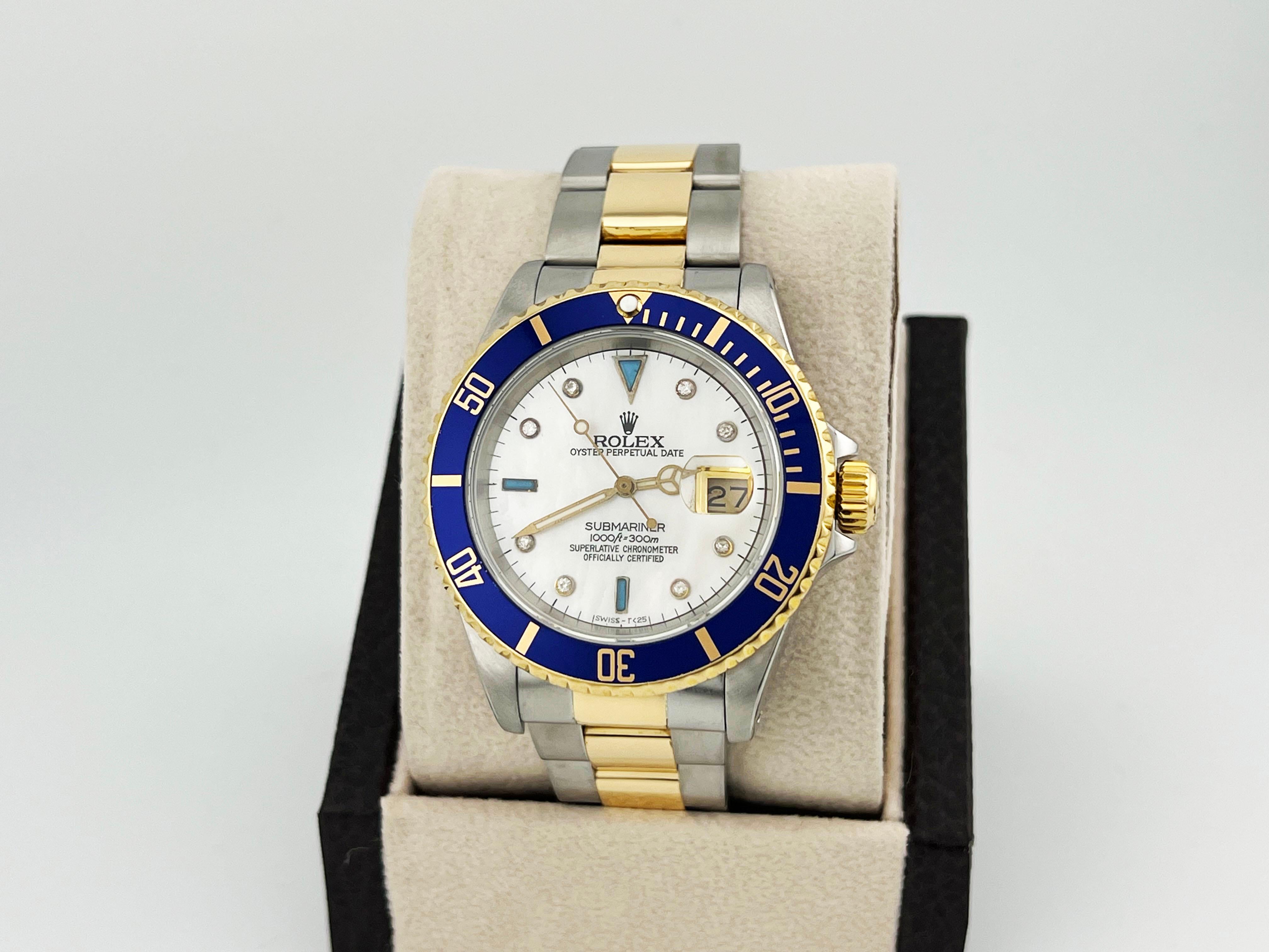 Rolex Submariner 16613 Mother of Pearl Serti Dial 18K Gold Stainless Steel In Excellent Condition In San Diego, CA