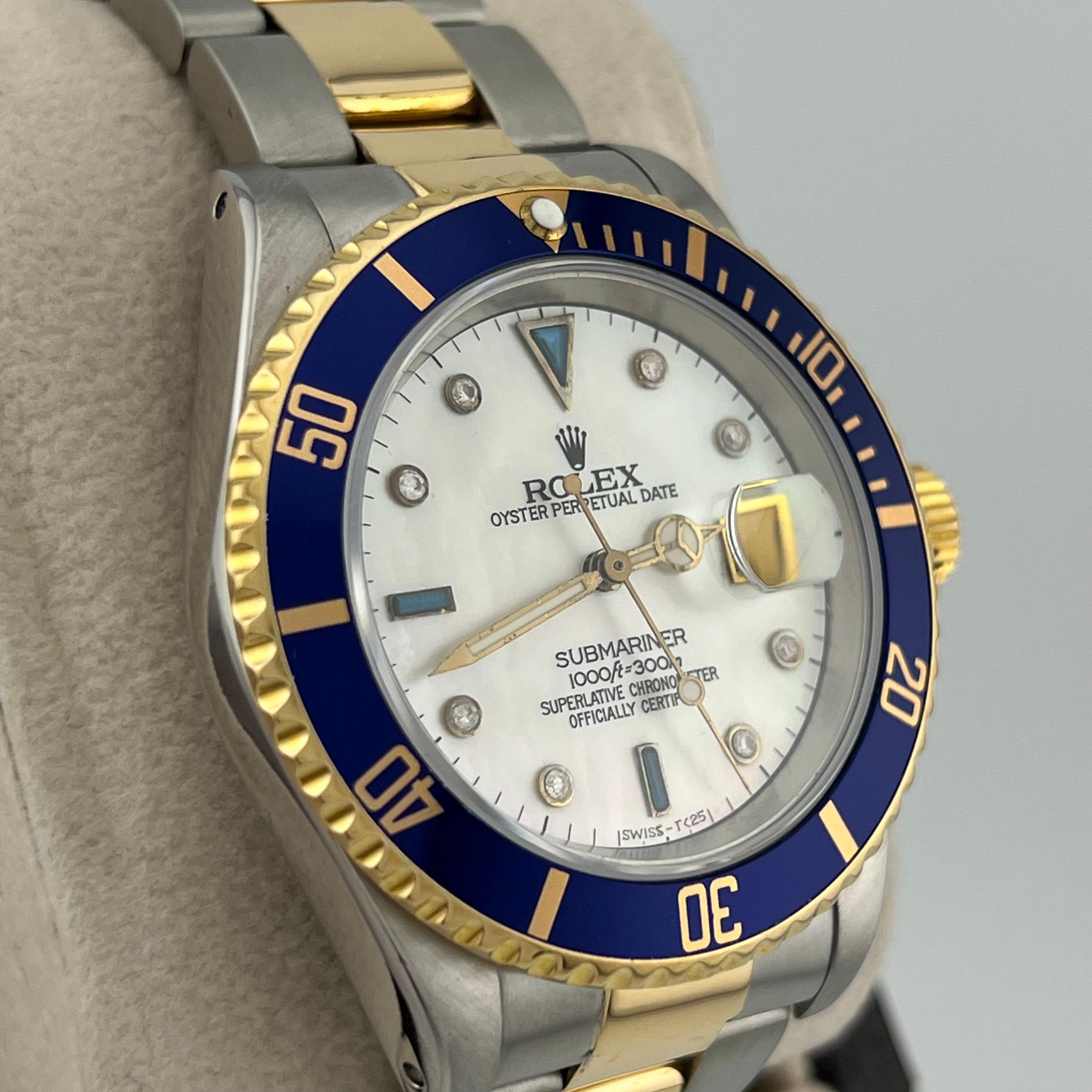 Rolex Submariner 16613 Mother of Pearl Serti Dial 18K Gold Stainless Steel 1