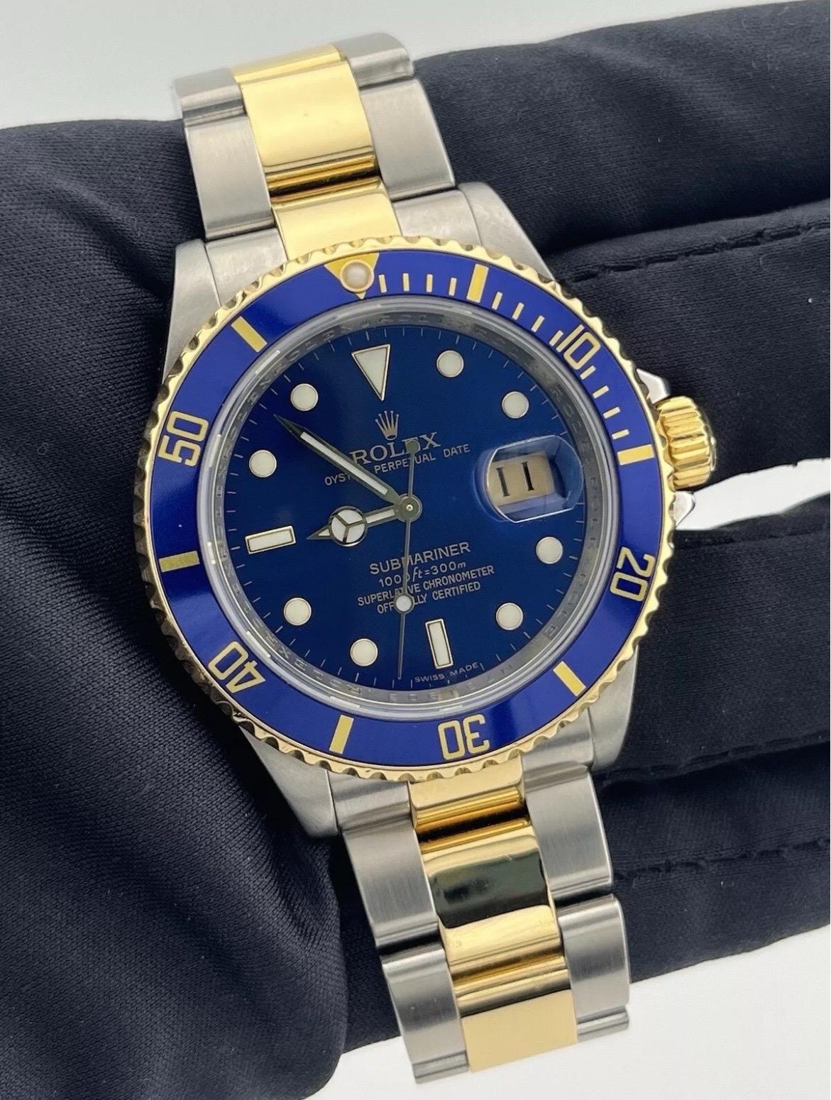 Rolex Submariner 16613 REHAUT Two-Tone 18K Steel Date 40mm BLUE NO-HOLES Watch For Sale 7