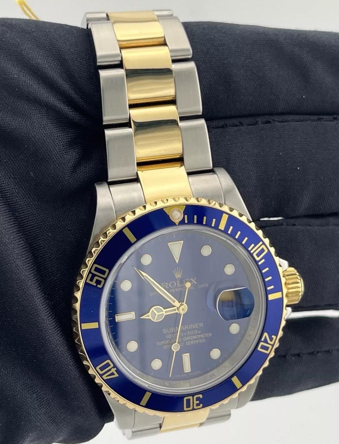 Rolex Submariner 16613 REHAUT Two-Tone 18K Steel Date 40mm BLUE NO-HOLES Watch For Sale 8