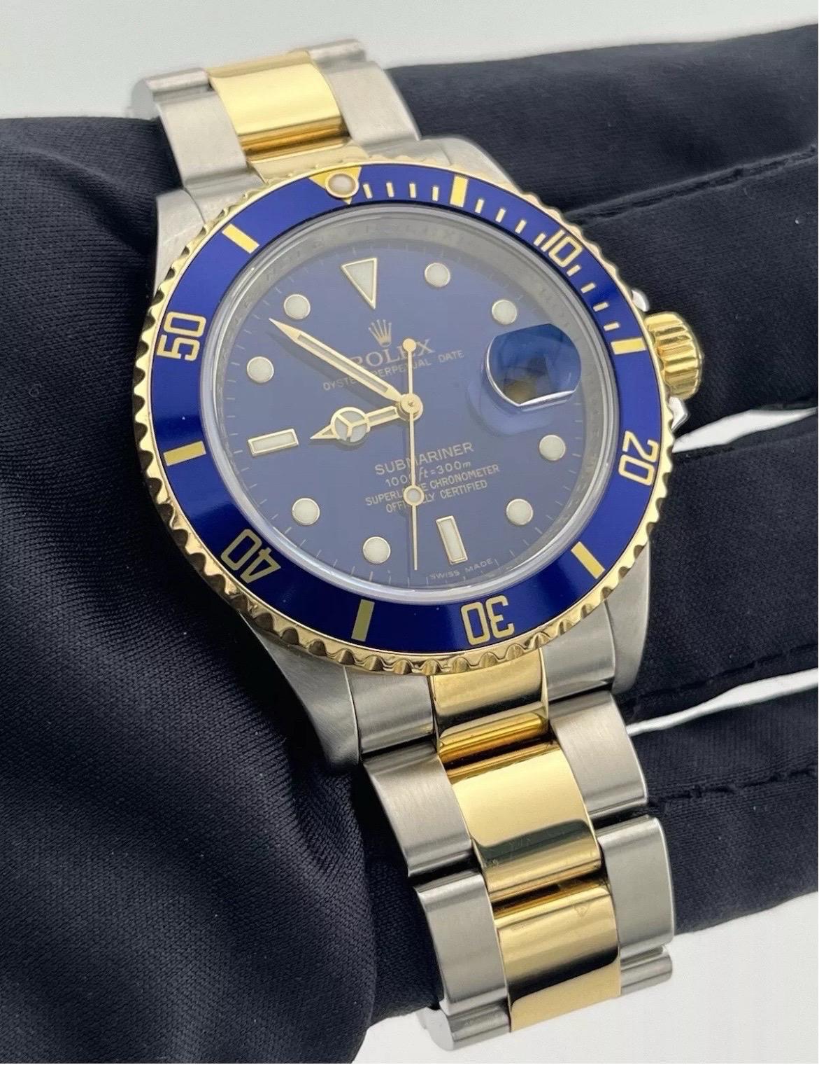 Rolex Submariner 16613 REHAUT Two-Tone 18K Steel Date 40mm BLUE NO-HOLES Watch For Sale 10